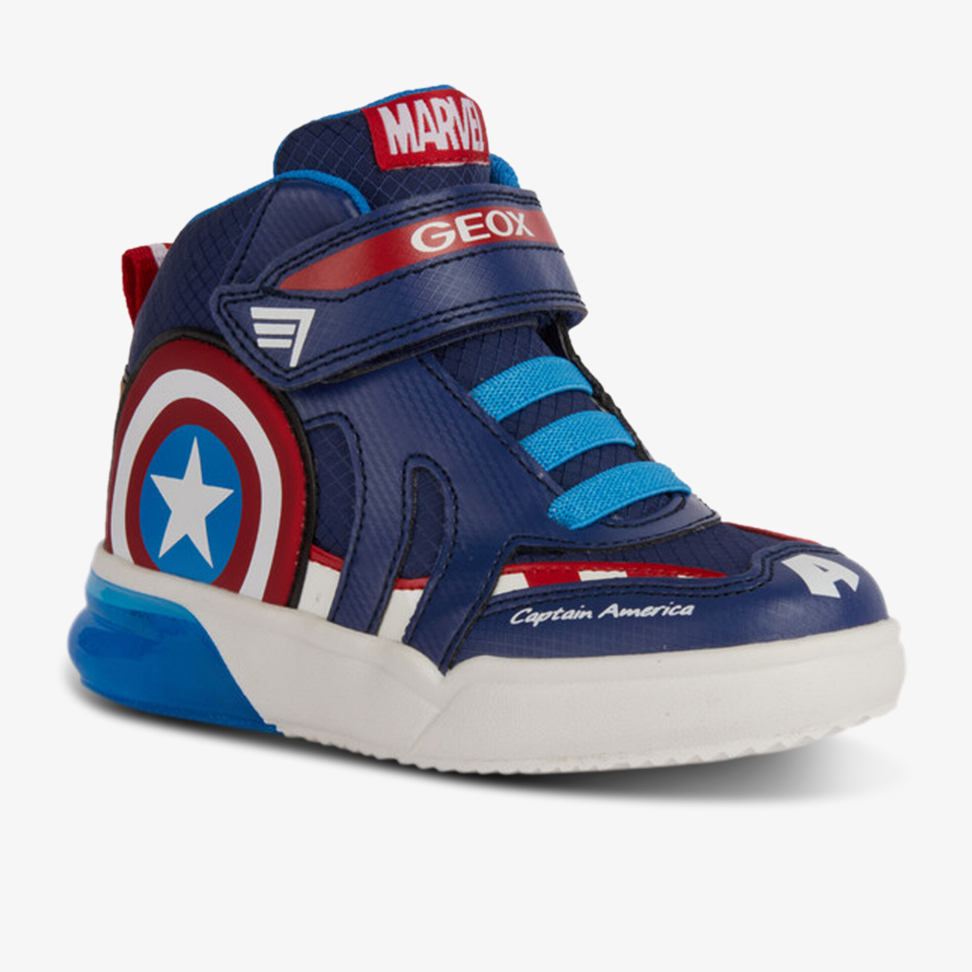 Coole Schuhe mit Captain America Design, bequemer Klettverschluss, blaue Sohle, optimaler Tragekomfort.