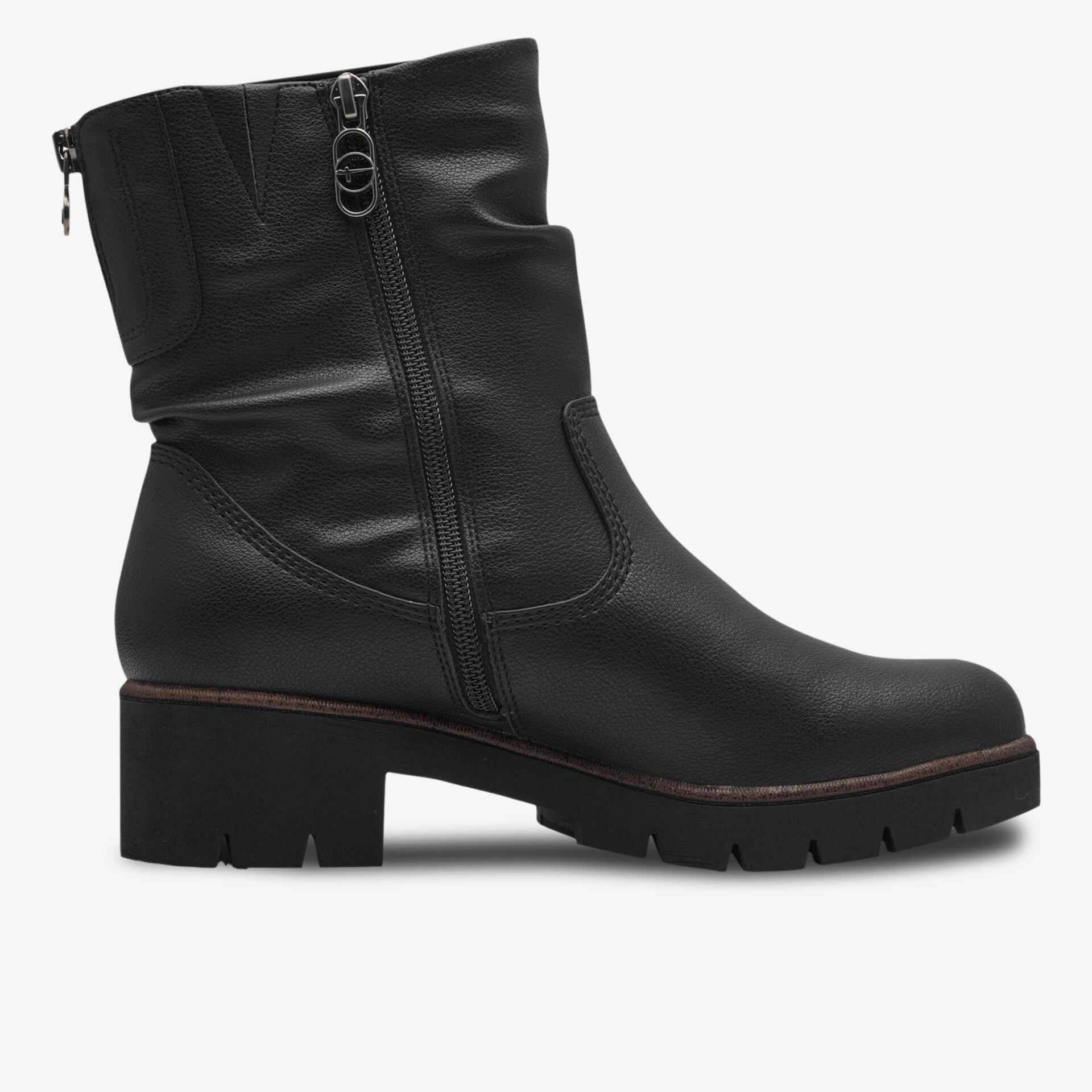 Schwarzer Stiefel mit robustem Blockabsatz und praktischem Reißverschluss seitlich, komfortabler Schuh