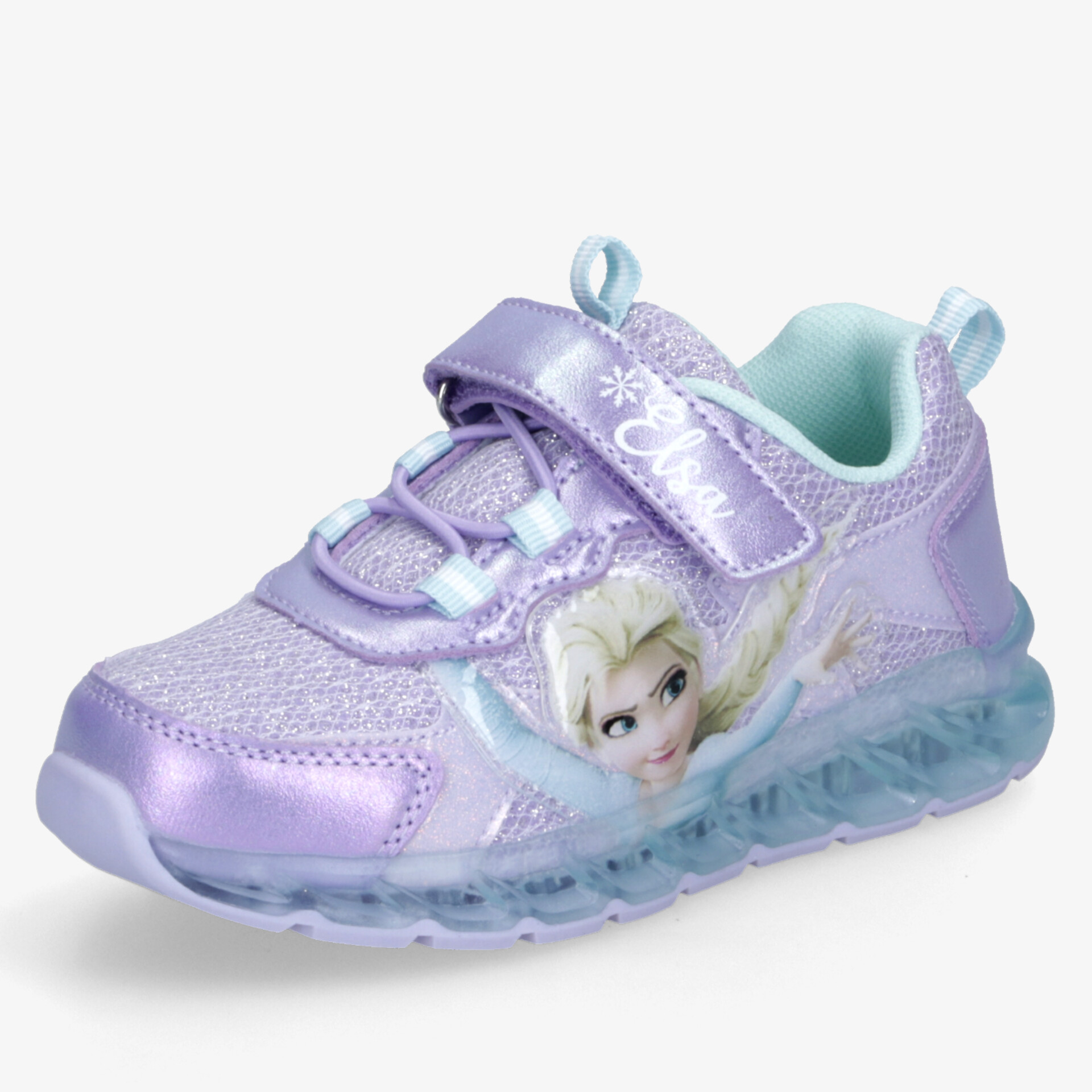Funktionaler lila Kinderschuh mit Leuchtsohle, verstellbarem Klettverschluss und Elsa Motiv für mehr Komfort und Stabilität