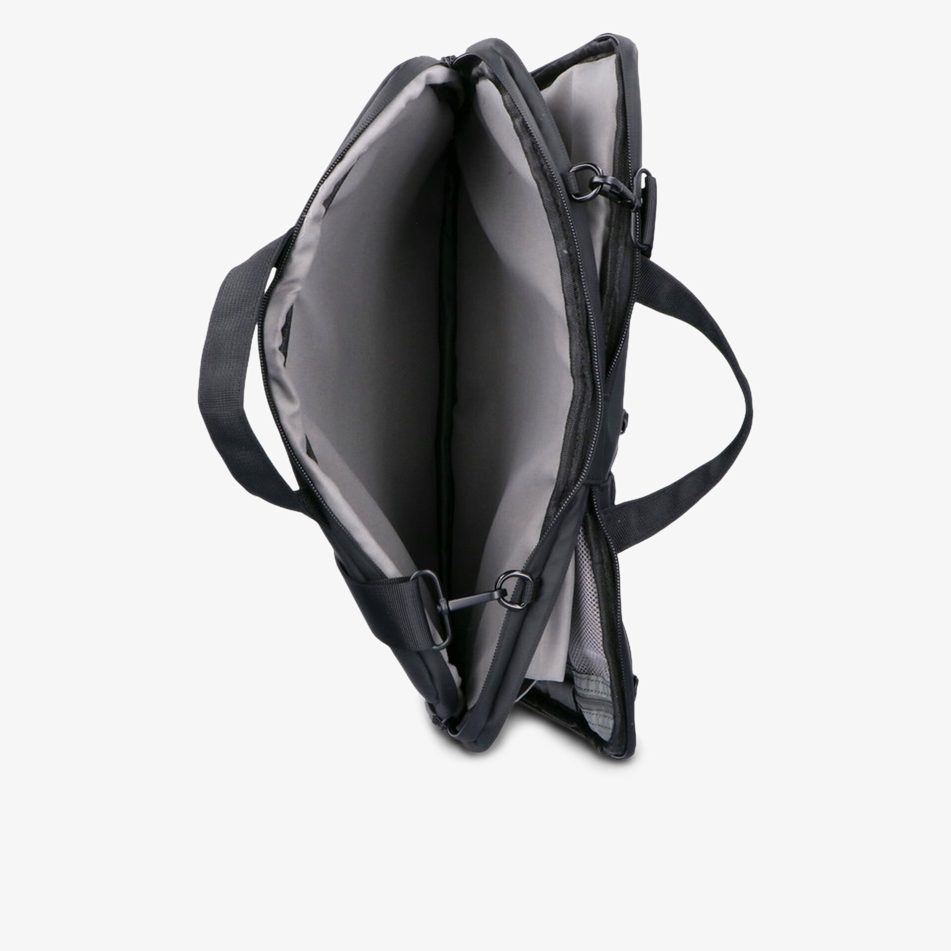 Schwarze, geräumige Tasche mit Reißverschluss und praktischem Tragegriff, von oben fotografiert