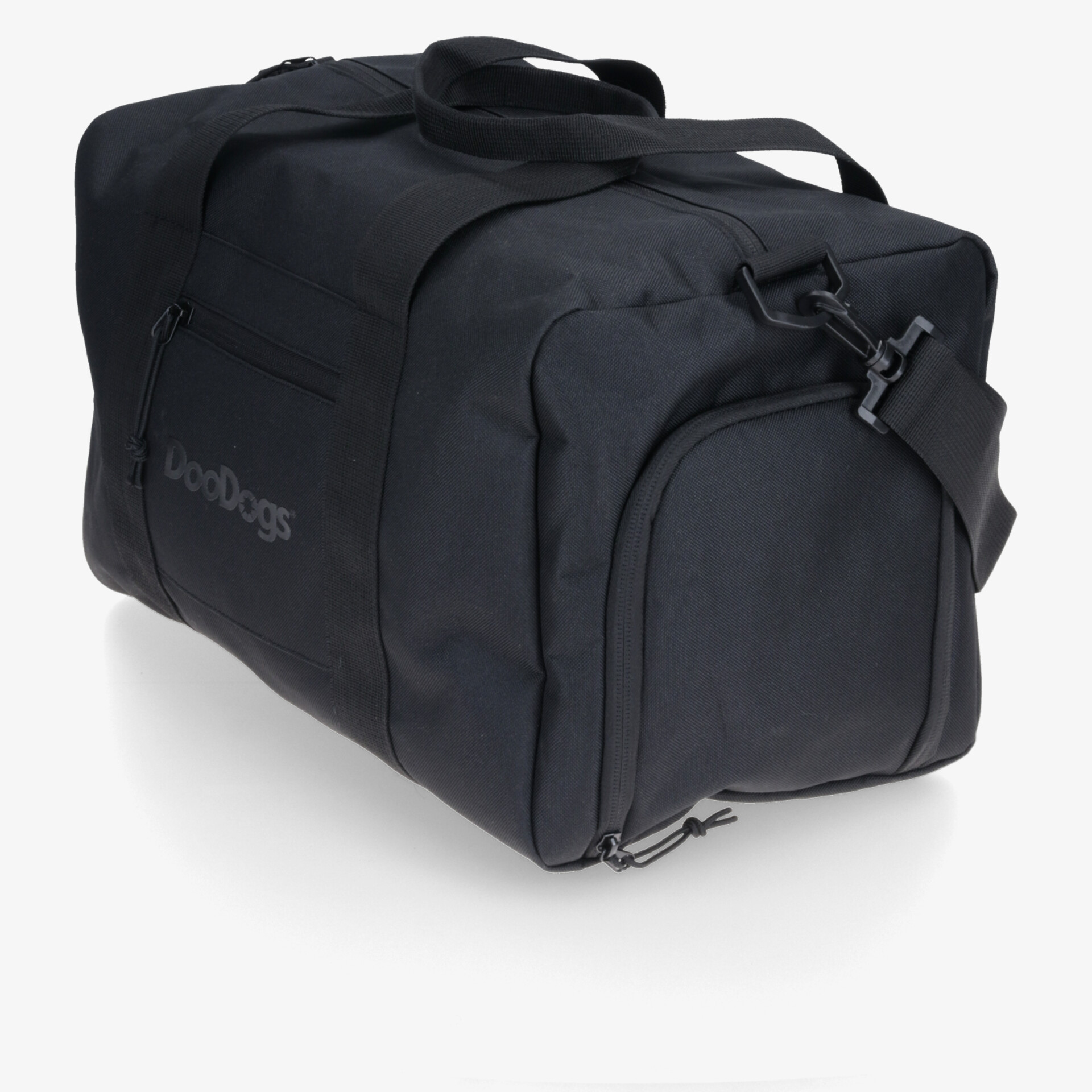 Robuste schwarze Reisetasche mit praktischem Außenfach und abnehmbarem verstellbarem Schulterriemen, ideal für unterwegs