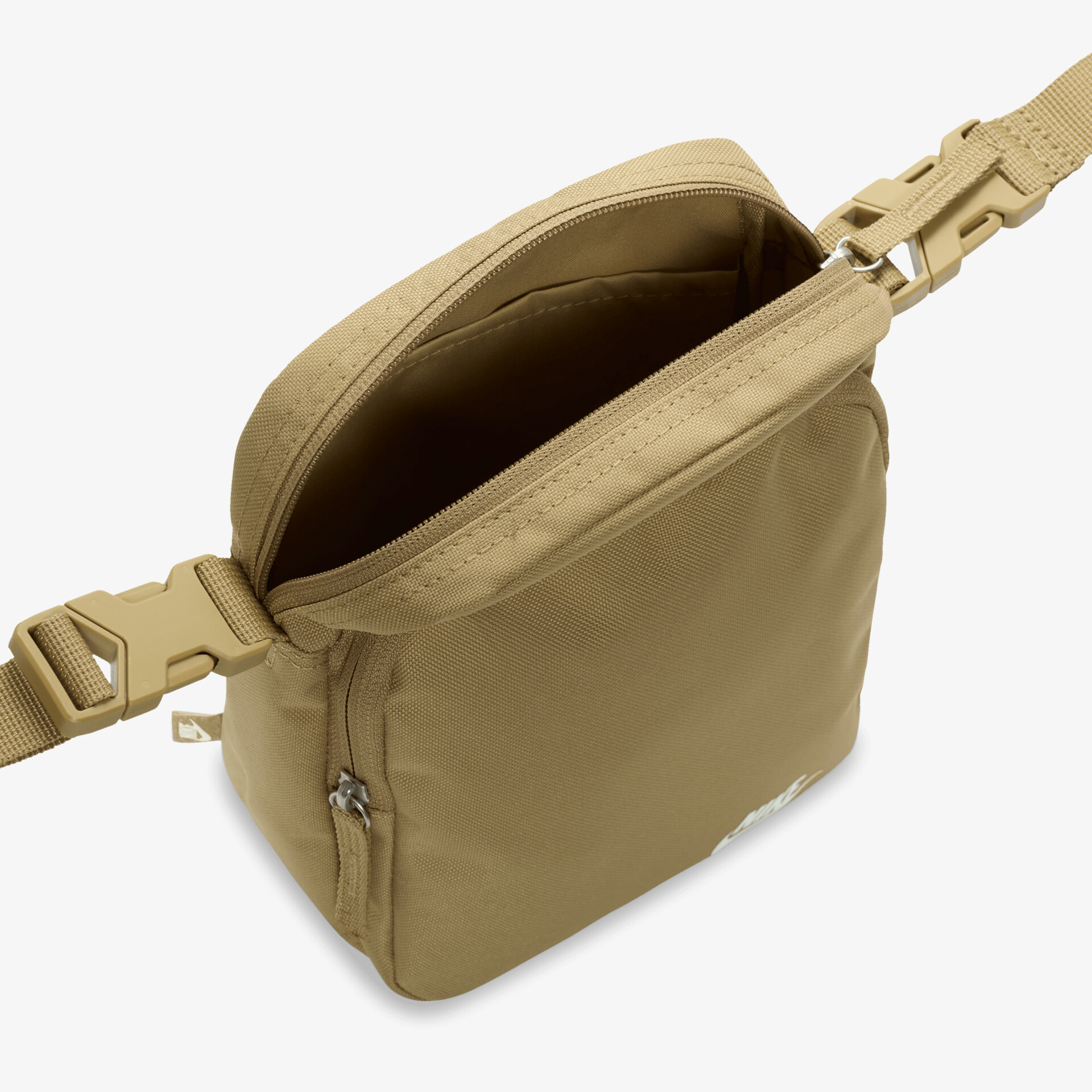 Beige Umhängetasche mit geöffnetem Hauptfach, verstellbarem Gurt und funktionalem Reißverschluss