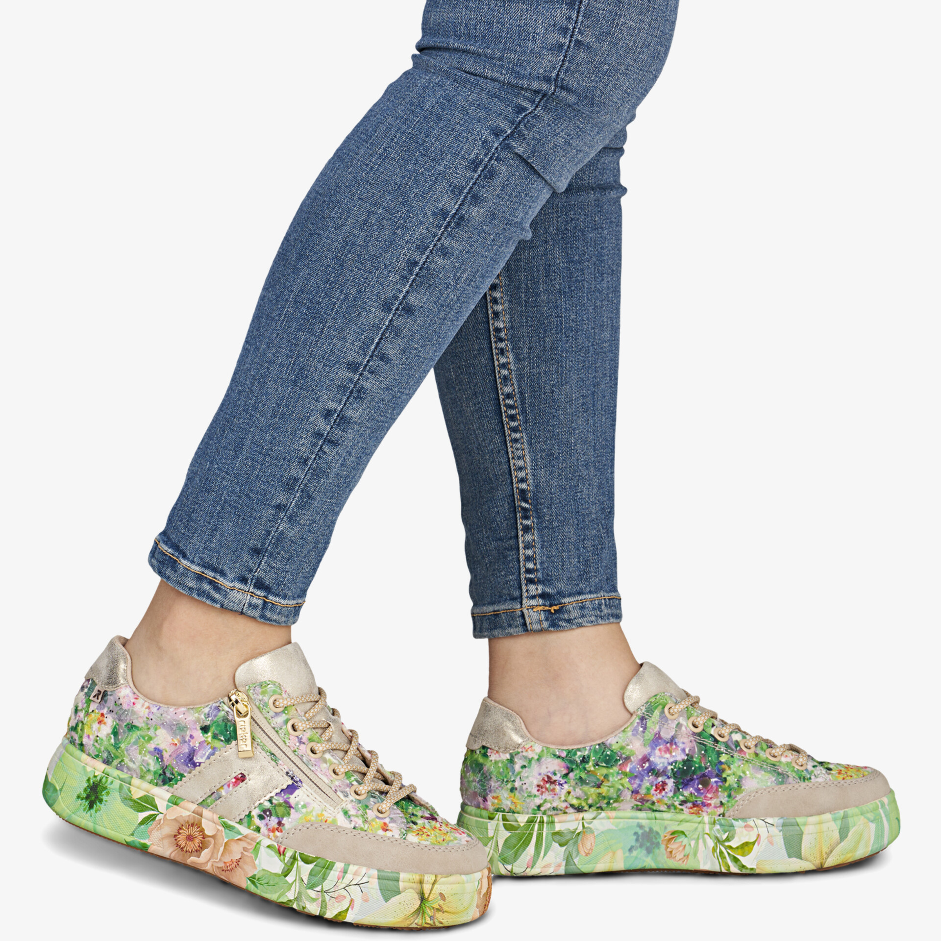 Floral patterned lace-up sneakers with green accents and comfortable fit, casual everyday style