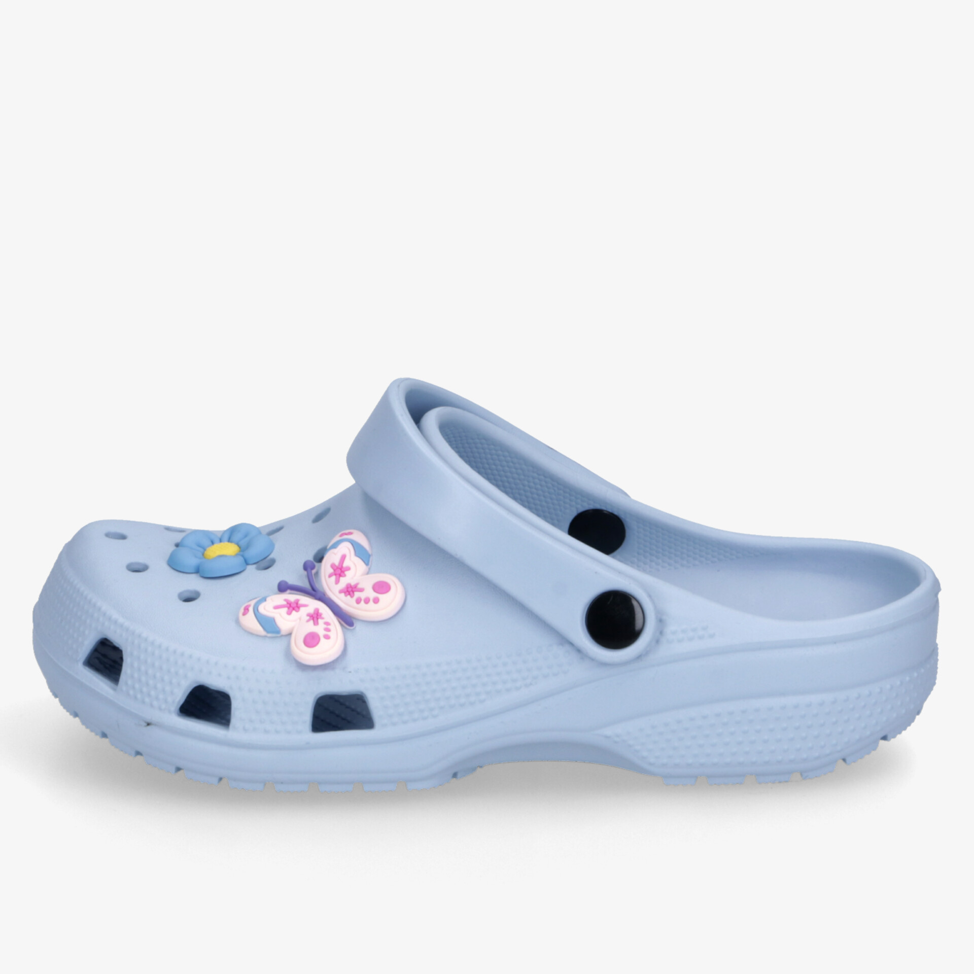 Hellblauer Schuh mit Blumen und Schmetterlingen, ideal für Komfort und Stil im Alltag.