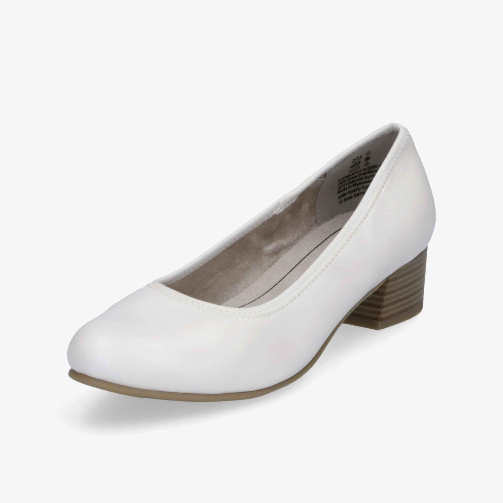 Eleganter weißer Pumps mit mittelhohem Blockabsatz und glattem Obermaterial für bequemen und stilvollen Auftritt