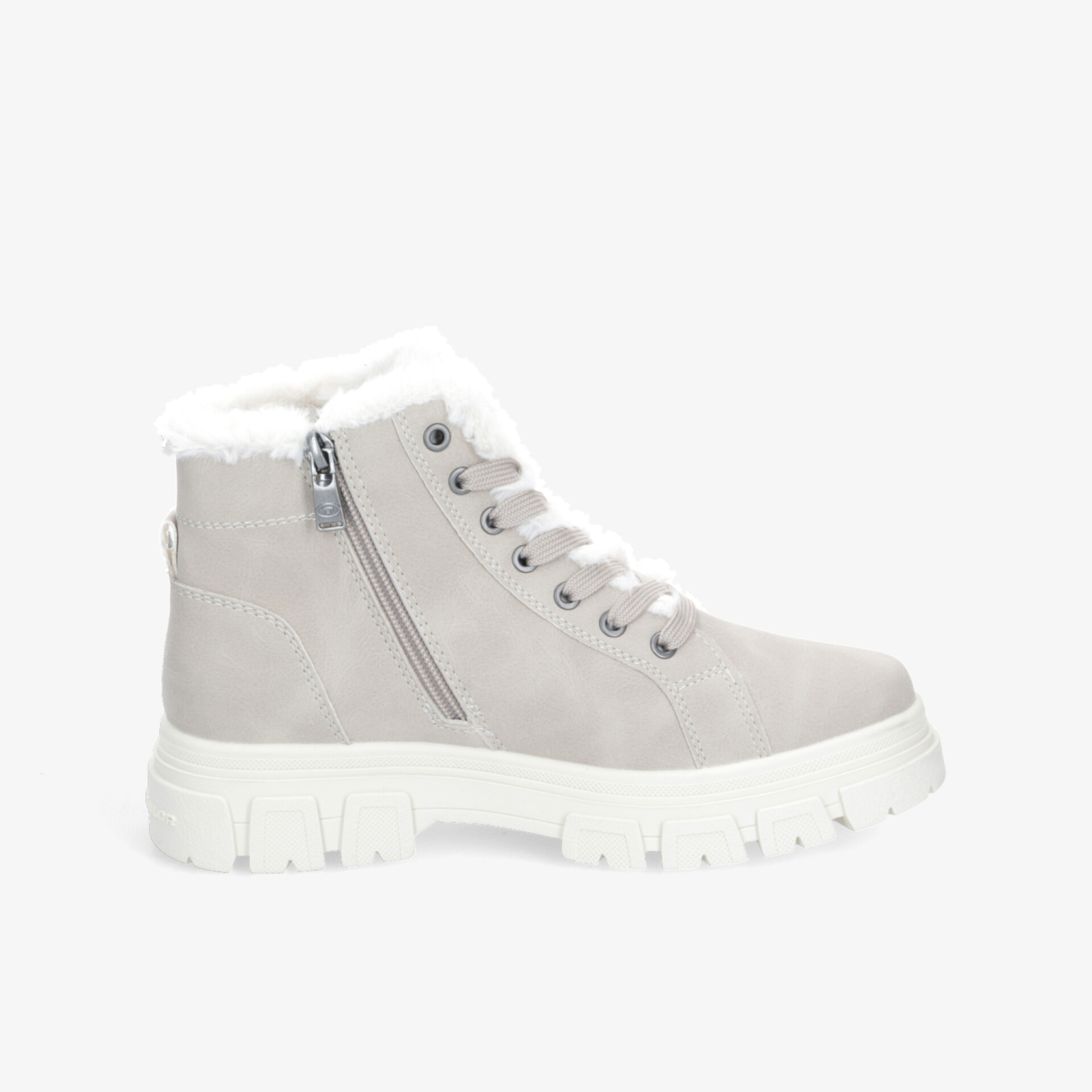 Grauer hoher Schuh mit seitlichem Reißverschluss, robuster dicker Profilsohle und bequemer Schnürung in klarer Seitenansicht