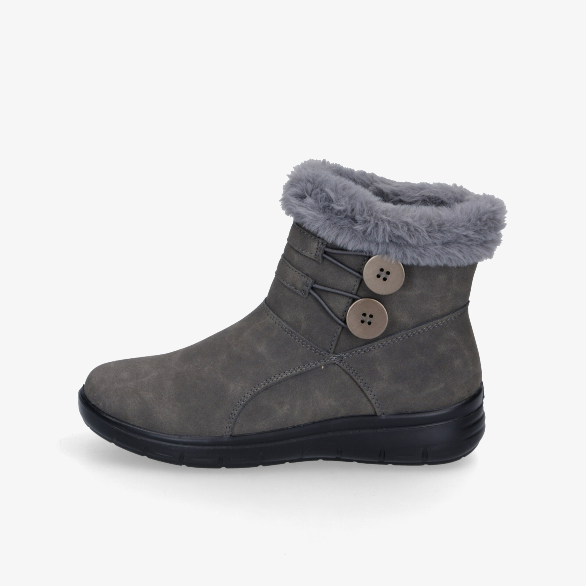 Grauer Winterstiefel mit warmem Fellkragen, dekorativen Knöpfen und bequemer, rutschfester Gummisohle seitlich zu sehen
