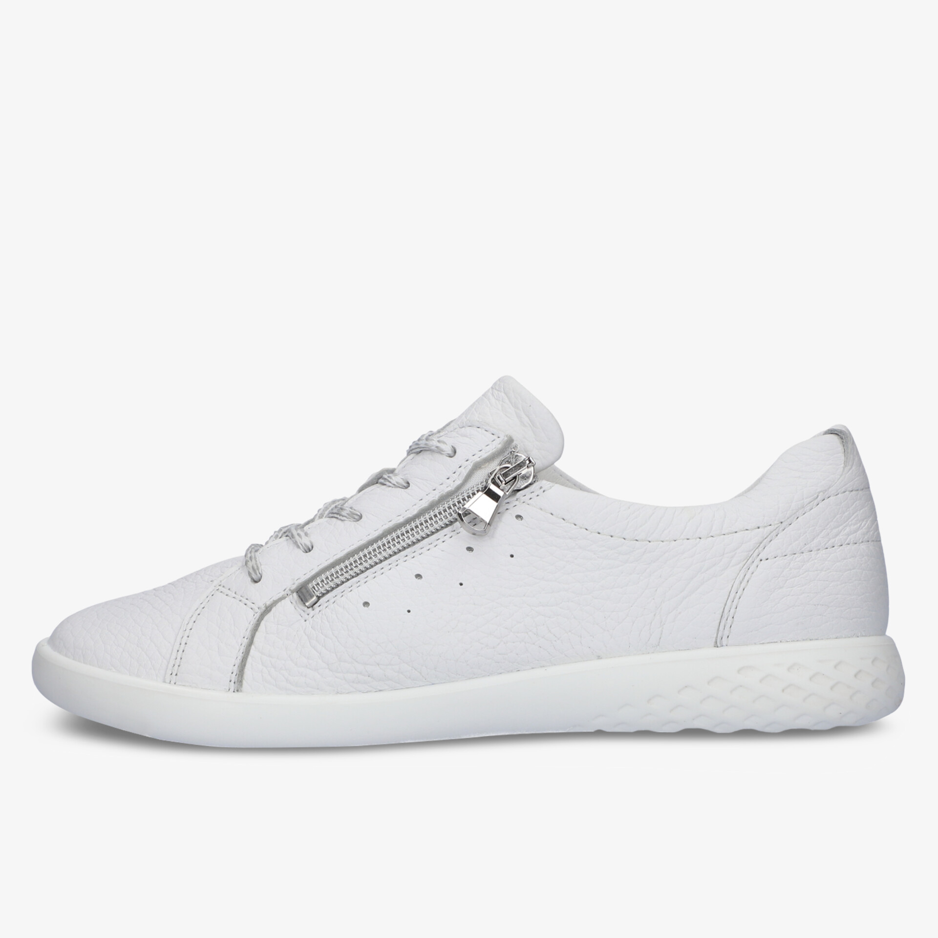 Seitliche Ansicht eines weißen leichten Sneakers mit bequemer Passform und Reißverschluss