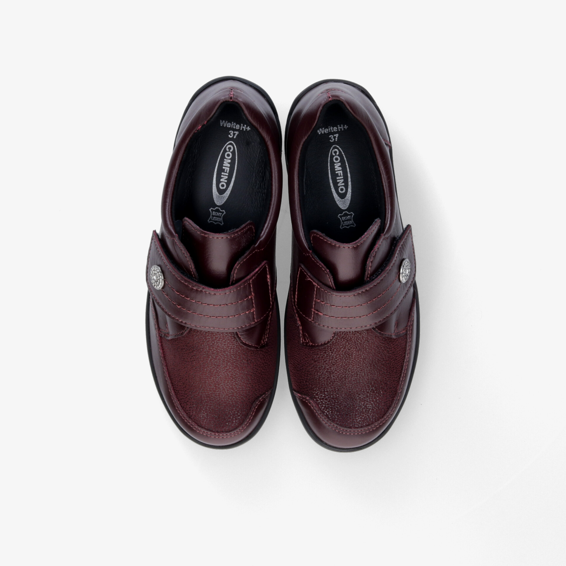 Edler Lederschuh in dunklem Rot mit Klettverschluss für optimalen Tragekomfort und stilvolle Eleganz.