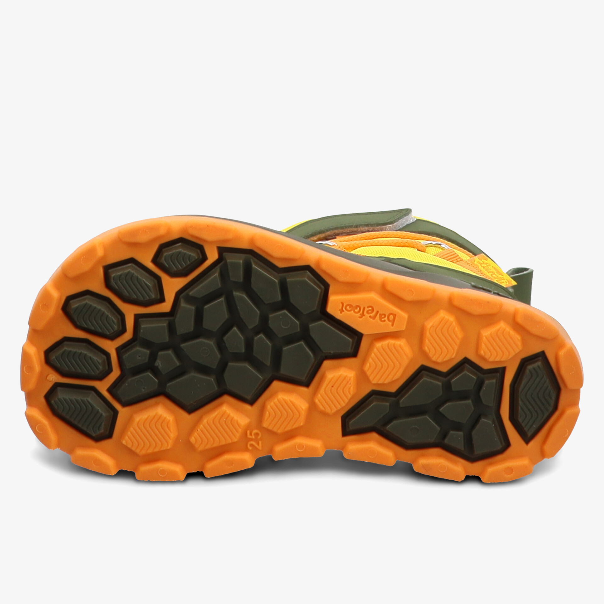 Robuste Schuhsohle in kräftigem Orange mit tiefem Profil für optimalen Halt und Stabilität