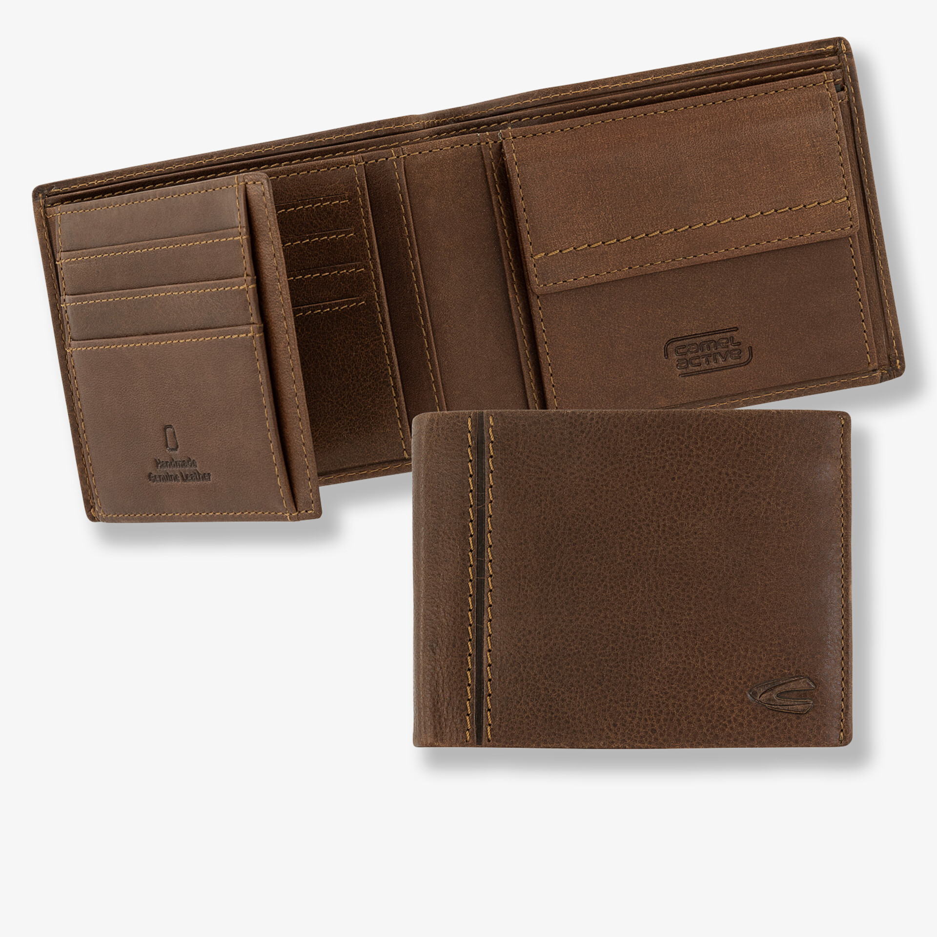 Brown leather bi-fold wallet with multiple card slots and embossed logo, compact and stylish design