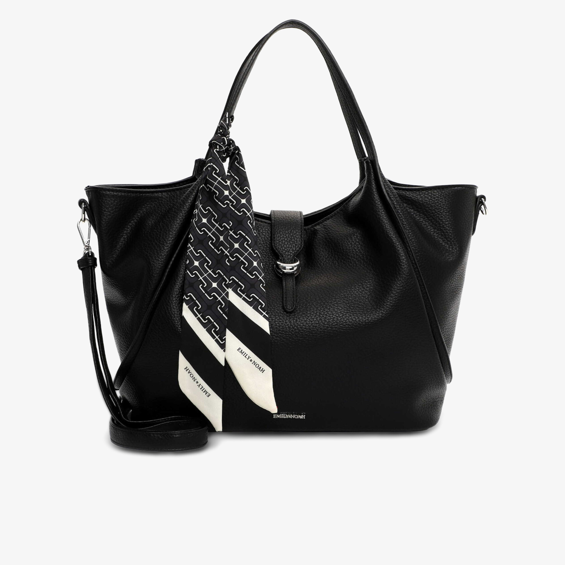 Schwarze geräumige Handtasche mit abnehmbarem Tragegurt und modischem Textilschal, elegant und praktisch