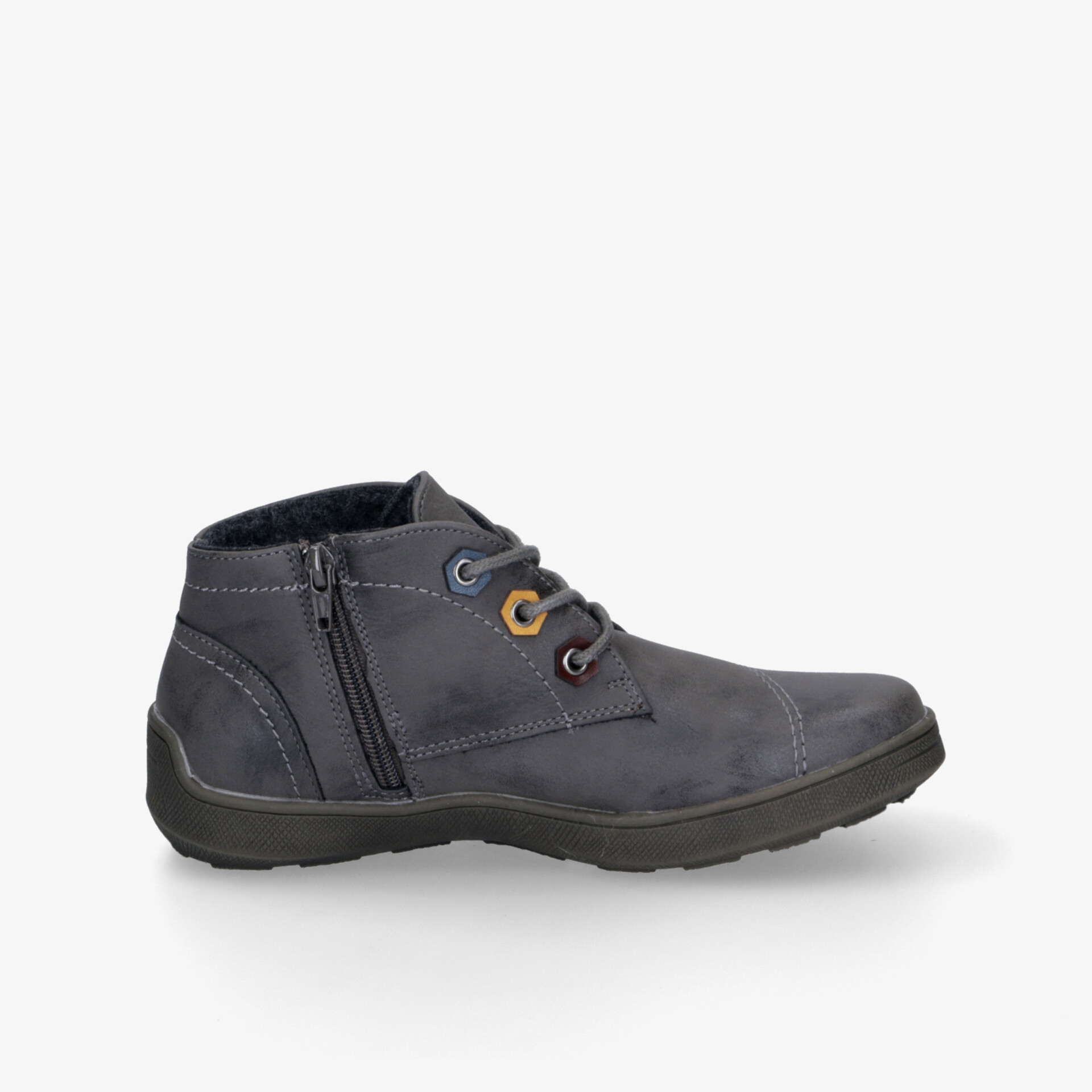 Moderner Freizeitschuh mit Reißverschluss und Schnürung, robust und komfortabel, graue Farbe, seitliche Ansicht