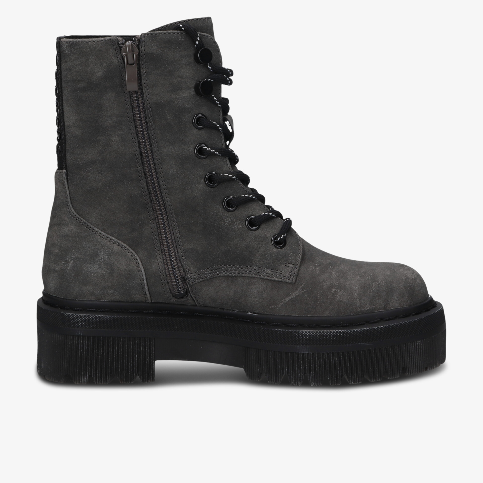 Grauer Schnürstiefel mit robuster Plateau-Sohle und seitlichem Reißverschluss für bequemen Halt und modischen Look