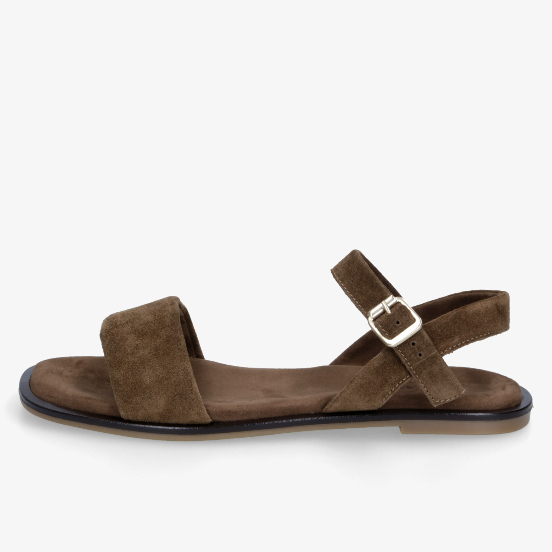 Seitliche Ansicht einer braunen Sandale aus Veloursleder mit verstellbarem Riemen und flacher Sohle