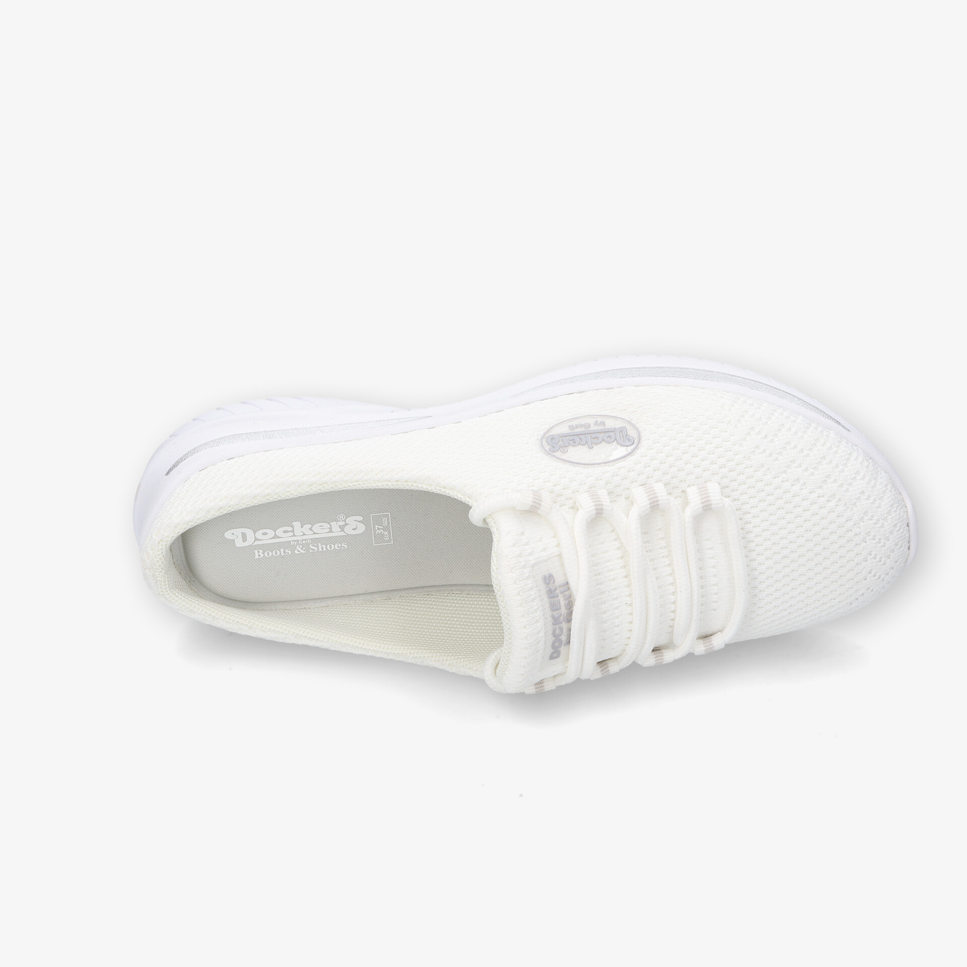 Leichter, atmungsaktiver weißer Sportschuh mit flexiblem Material und bequemer Passform in Draufsicht