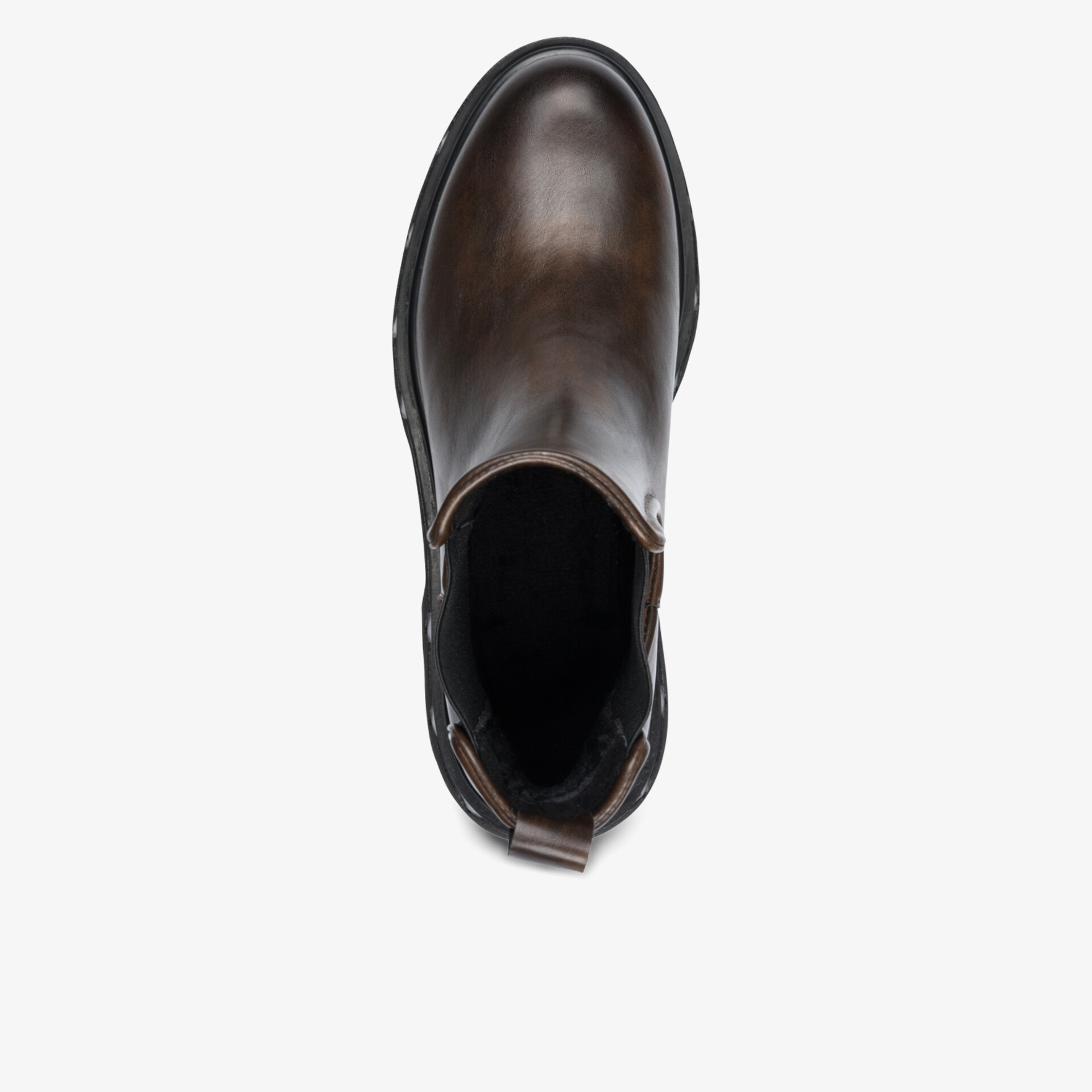 Eleganter brauner Lederstiefel von oben mit robuster Sohle und bequemer Passform, ideal für Komfort und Stil