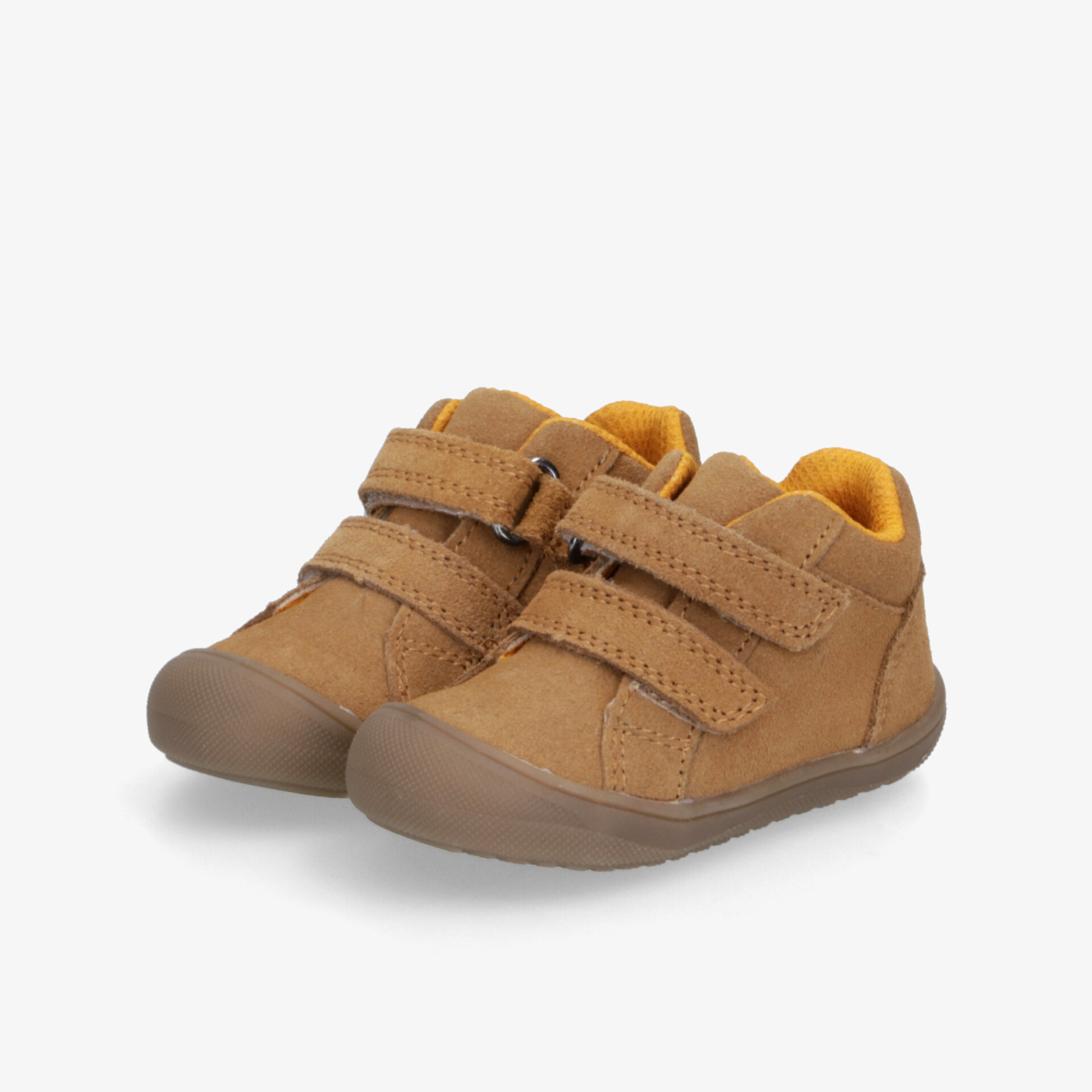 Bequemes braunes Kinderschuh-Paar mit praktischen Klettverschlüssen und rutschfester, flexibler Laufsohle