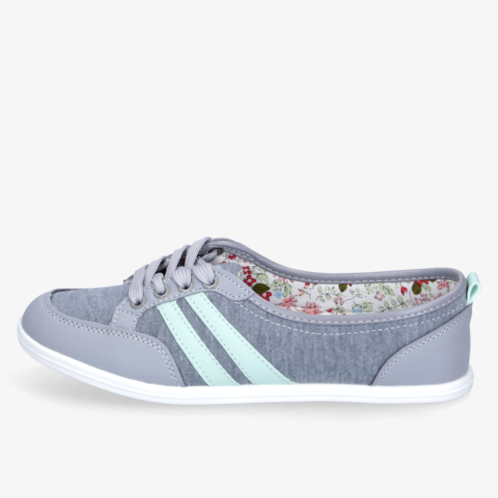 Leichter grauer Freizeitschuh mit türkisfarbenen Streifen, bietet Komfort und flexible, rutschfeste Sohle