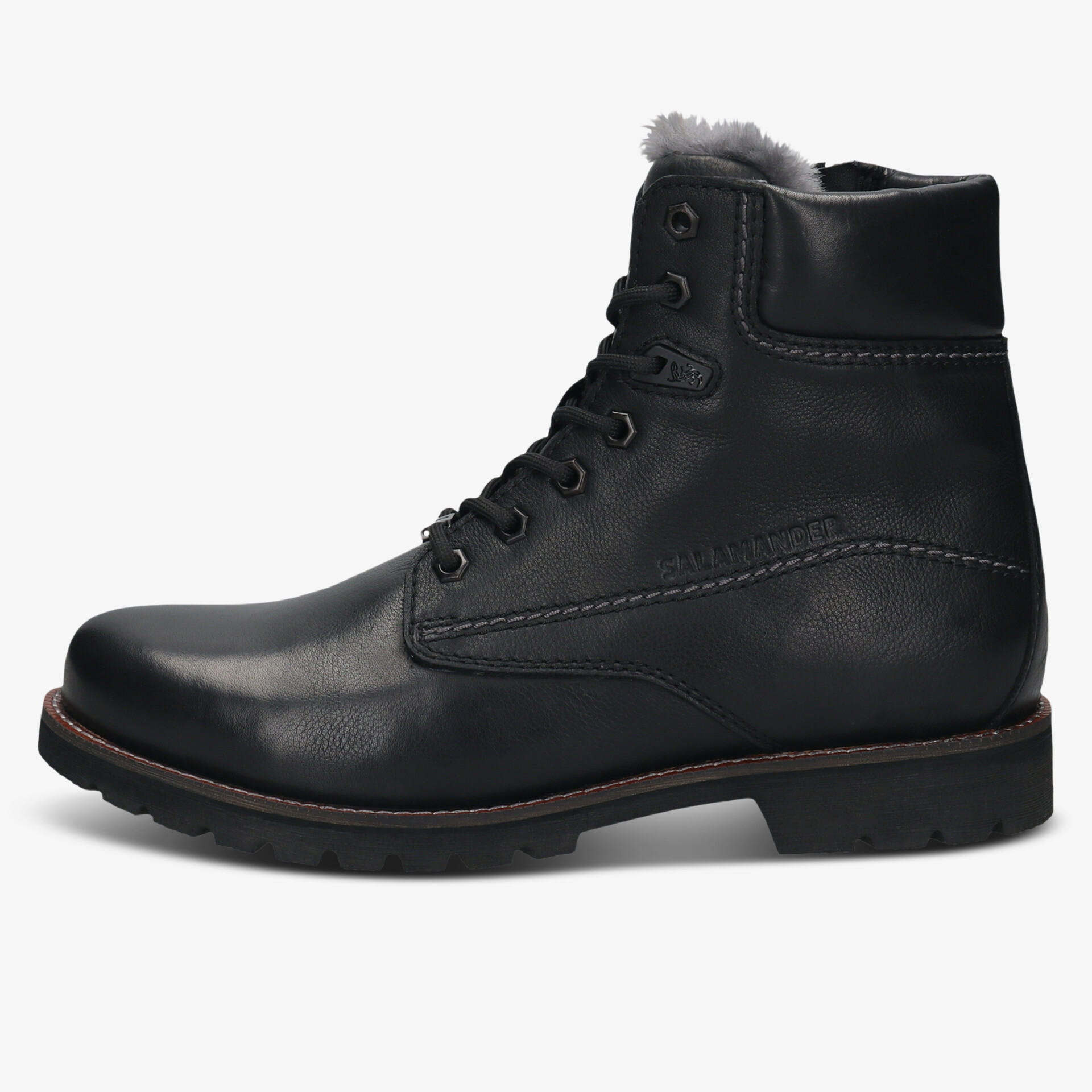 Robuster schwarzer Lederstiefel mit warmer Innensohle und rutschfester Sohle, seitliche Ansicht