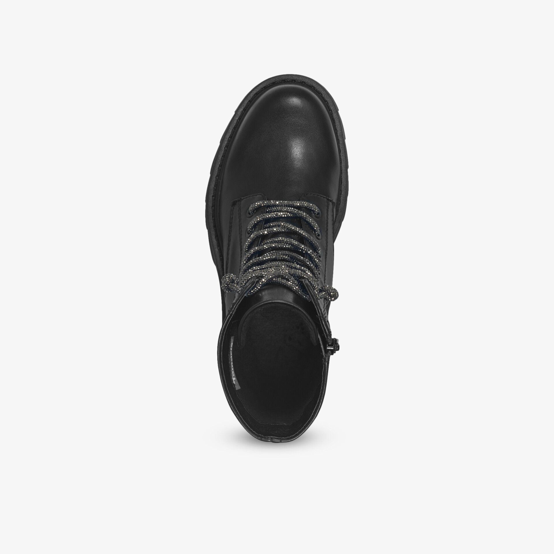 Schwarzer robuster Schnürstiefel aus hochwertigem Leder mit gepolstertem Schaft und stabiler Profilsohle, Draufsicht