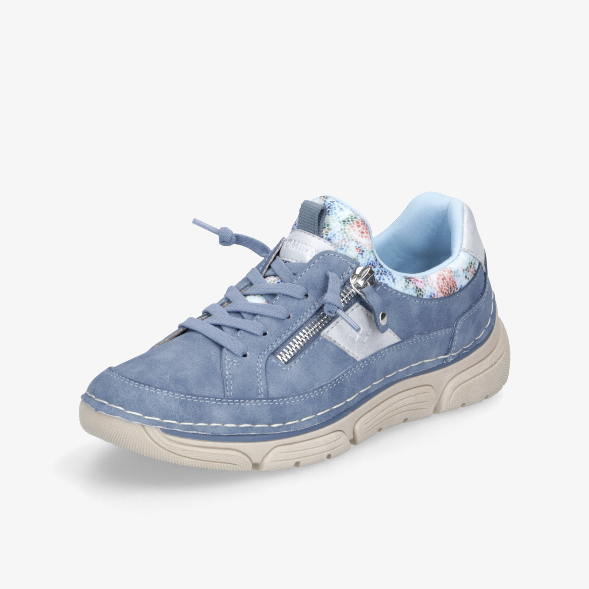 Moderner blauer Sneaker mit Reißverschluss und Schnürung, gepolstertem Kragen und flexibler, leichter Sohle