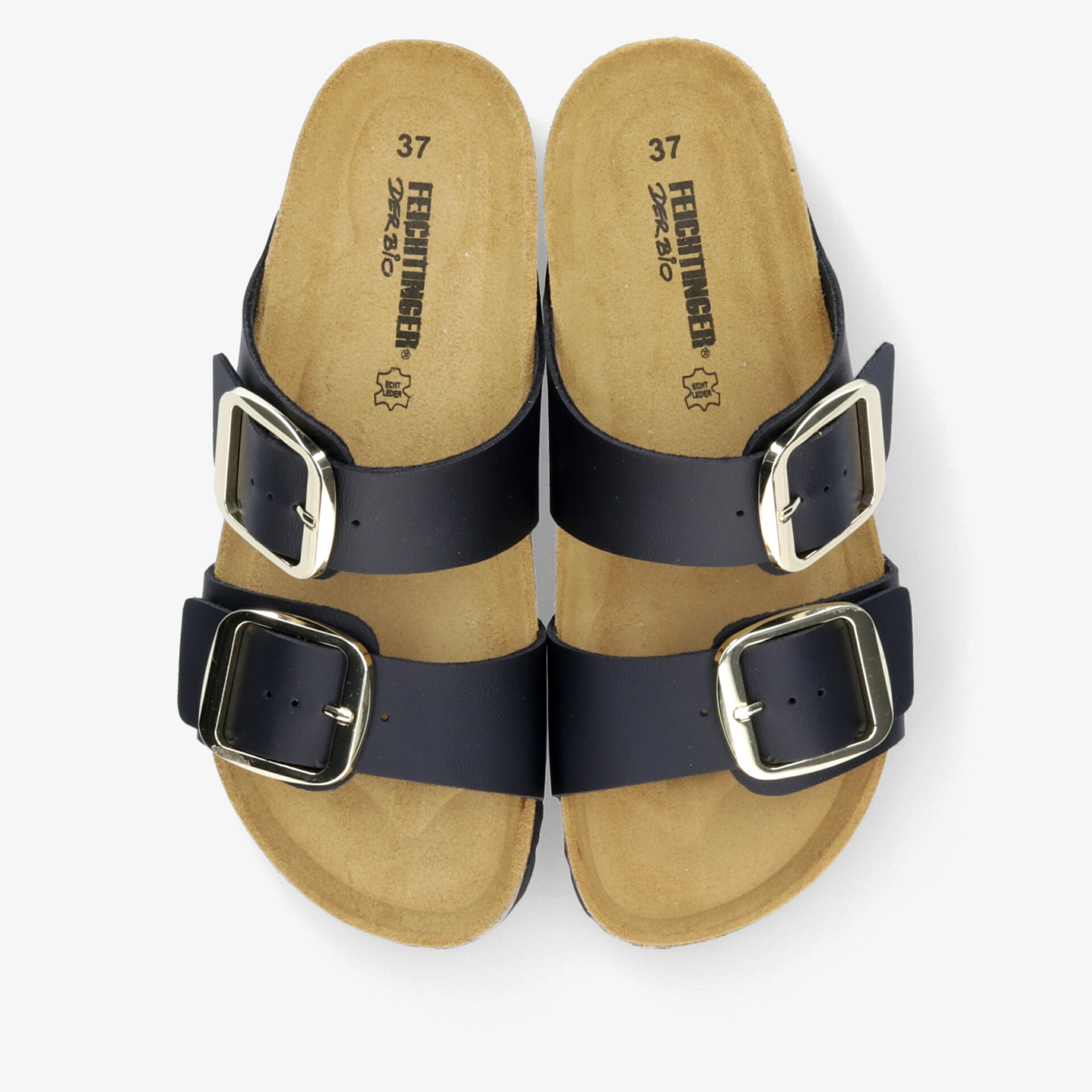 Bequeme schwarze Sandalen mit verstellbaren Schnallen und ergonomischem Fußbett in Paaransicht von oben