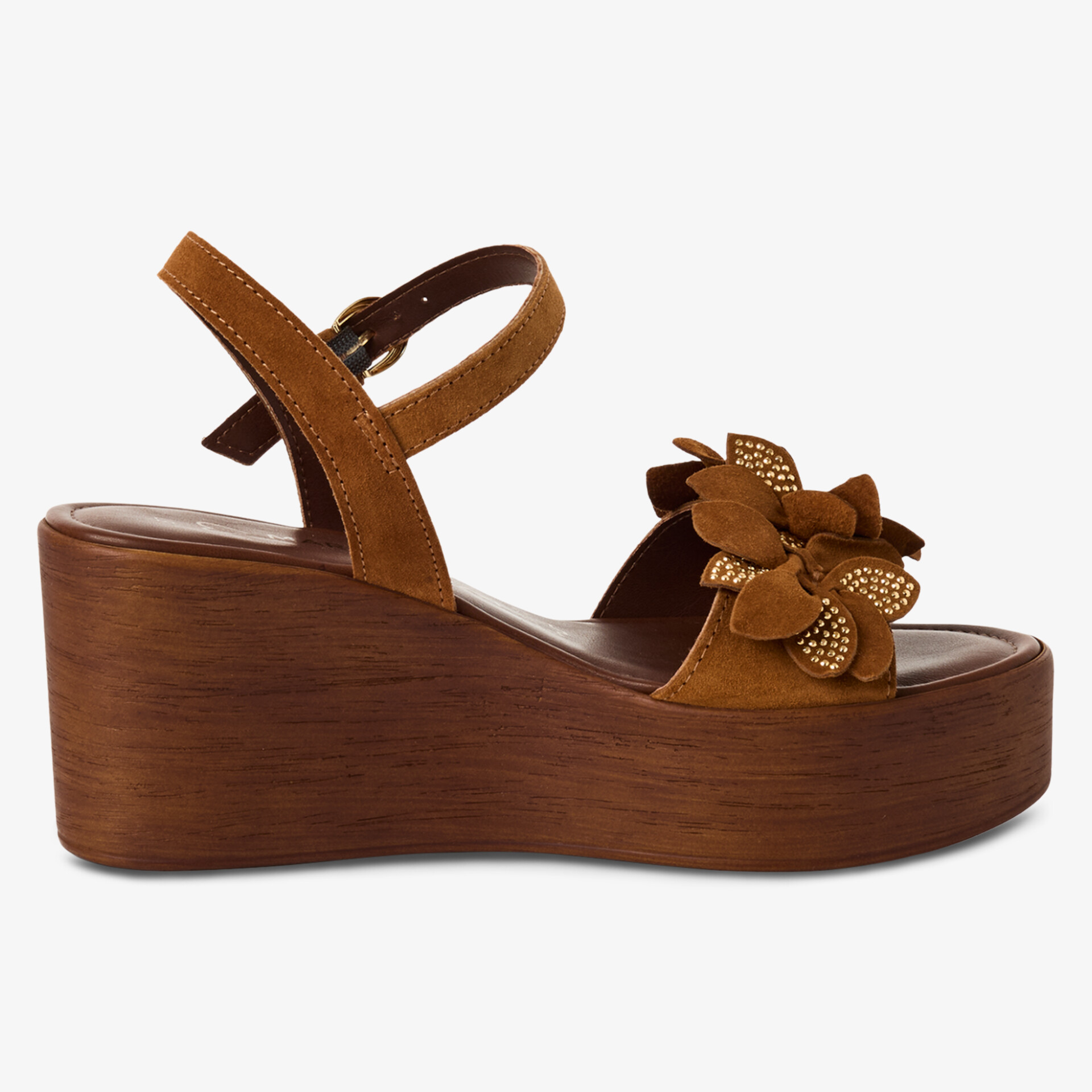 Braune Plateau-Wedge mit floralem Schmuck, komfortables Design und verstellbarem Riemen