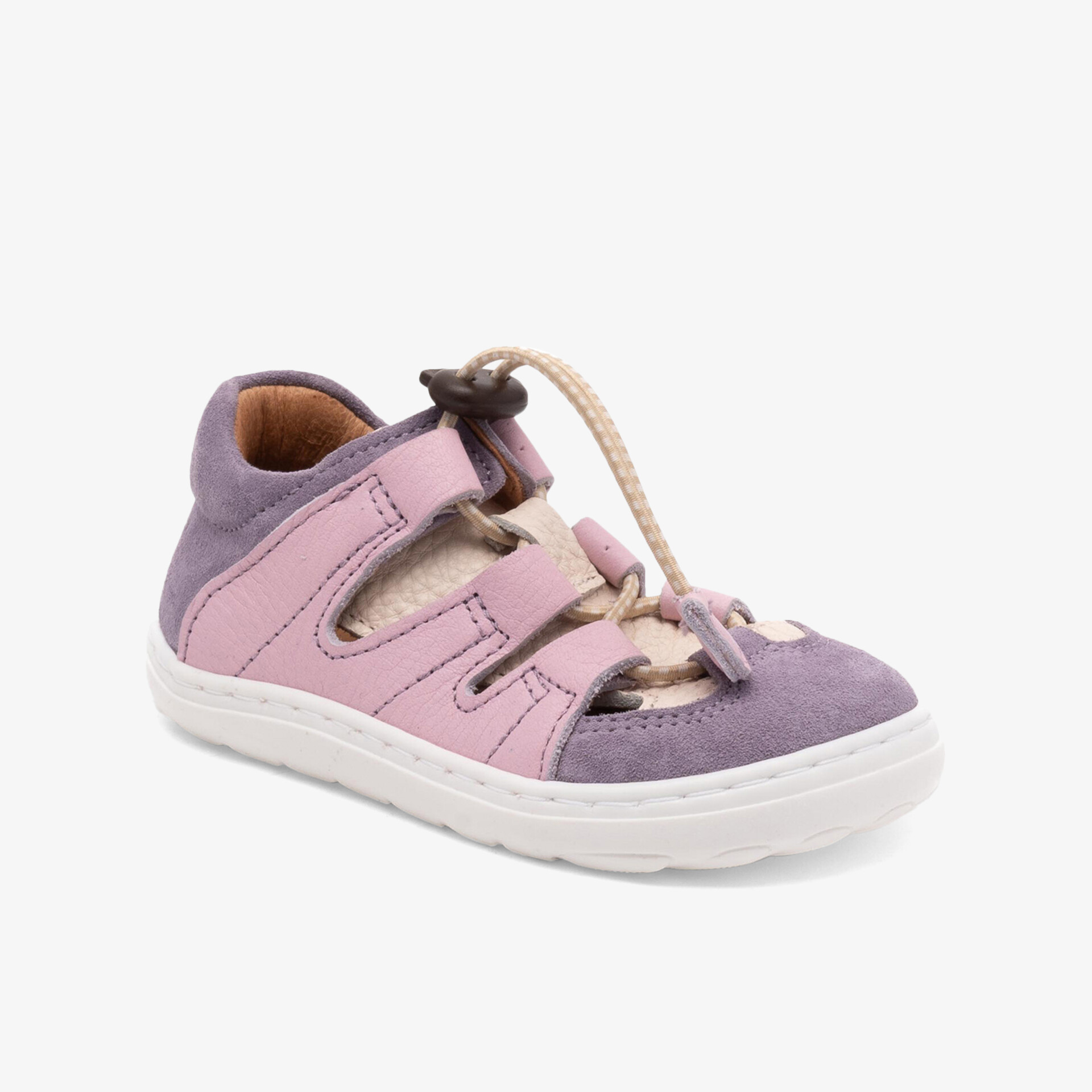 Leichter, flexibler Kinderschuh in lila mit offener Schnürung und rutschfester Sohle, bequem und atmungsaktiv