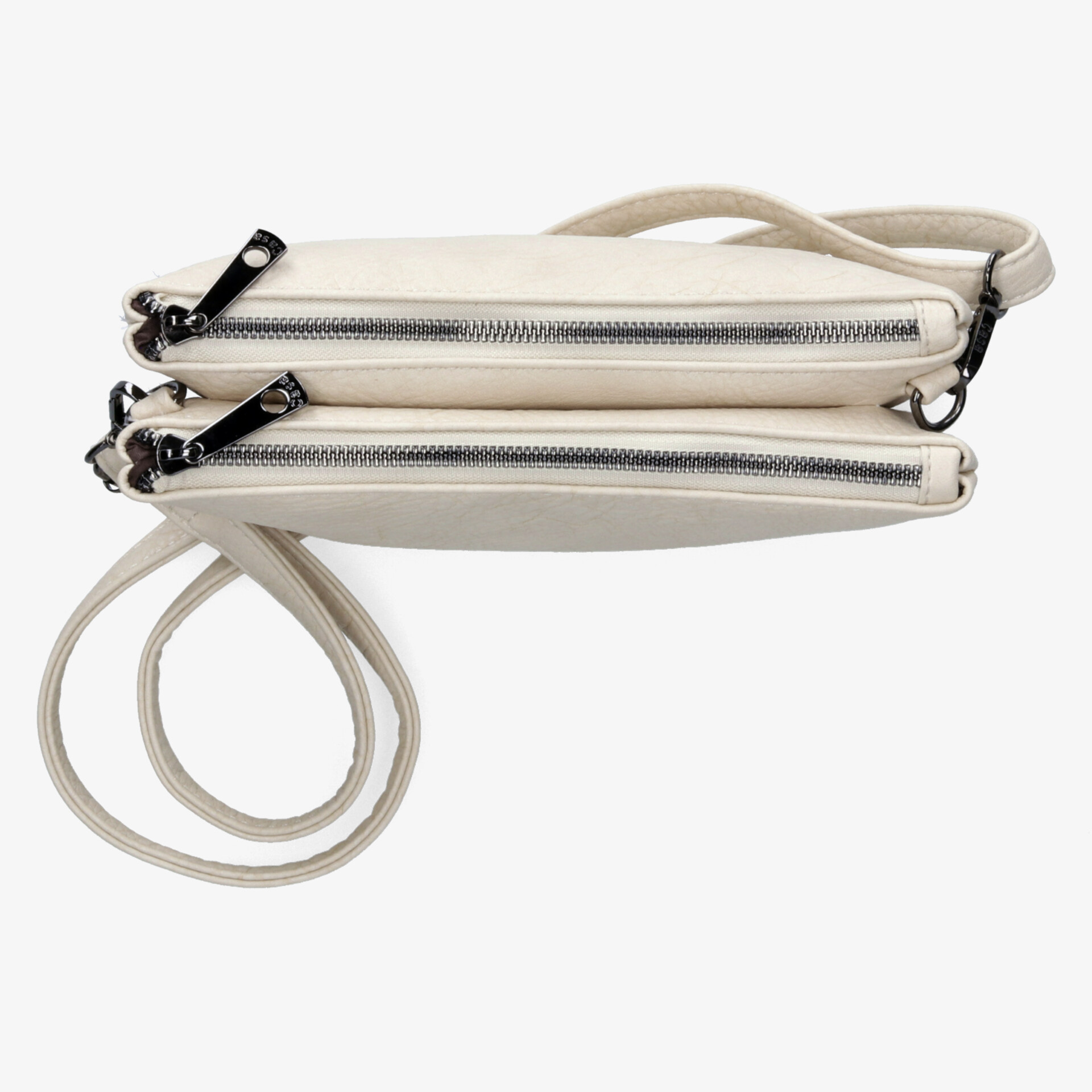 Schlanke beige Tasche mit zwei praktischen Reißverschlüssen und verstellbarem Schulterriemen, kompakt und funktional