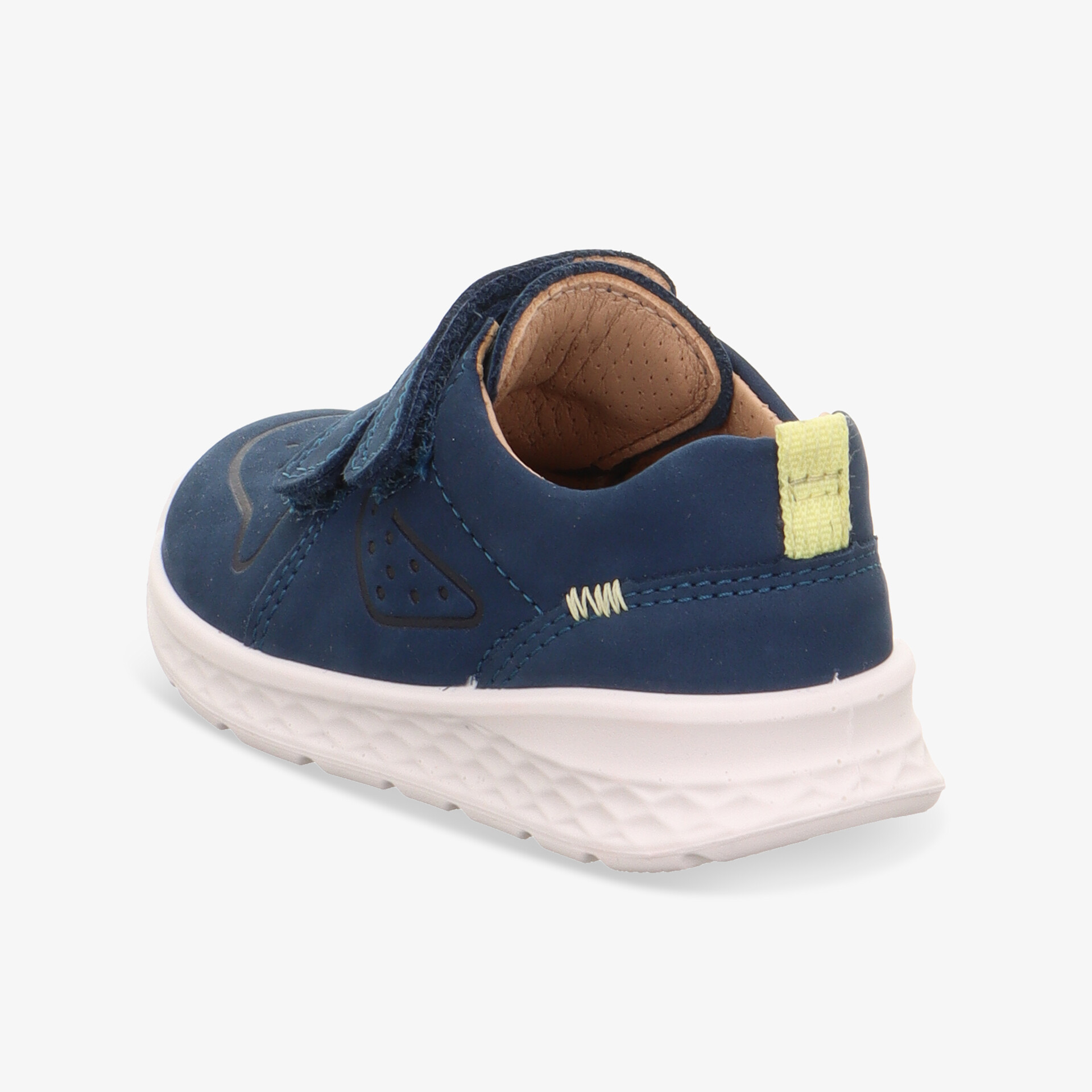 blauer leichter Schuh mit gepolsterter Ferse und rutschfester weißer Sohle, seitliche Ansicht