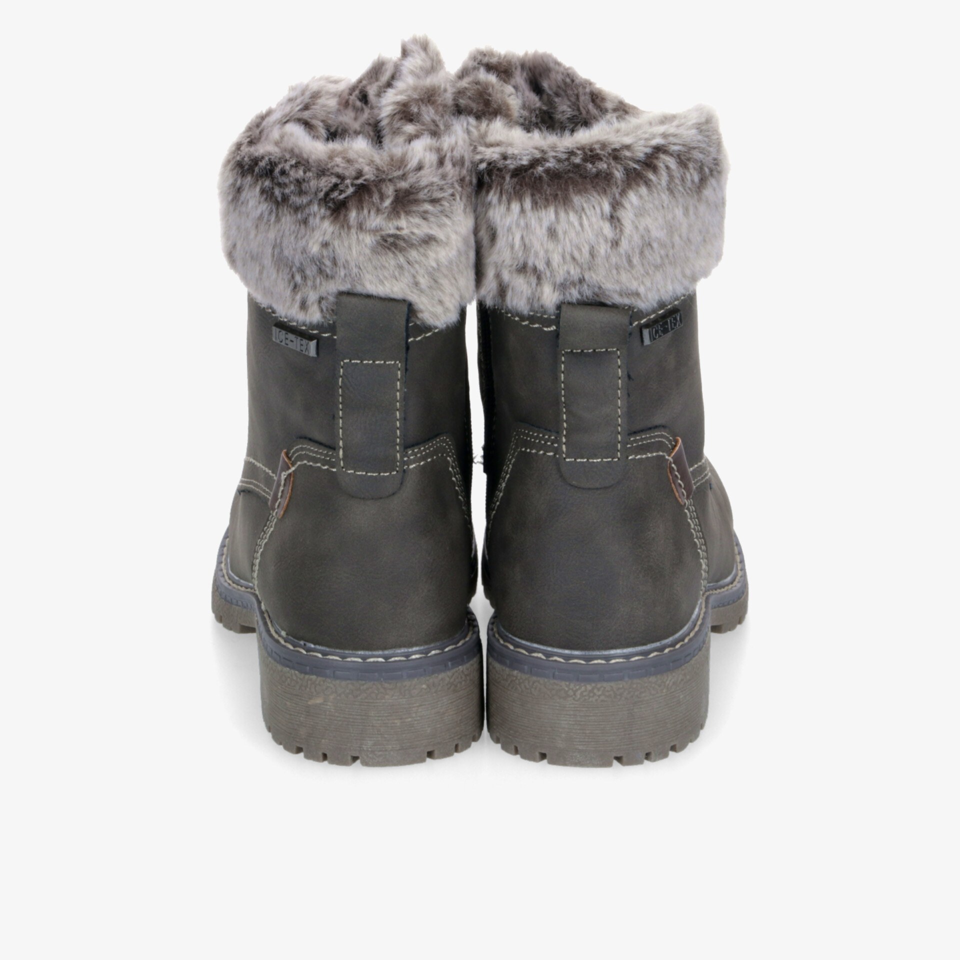 Robuste graue Winterschuhe mit warmem, flauschigem Lammfellfutter und rutschfester Sohle, Rückansicht