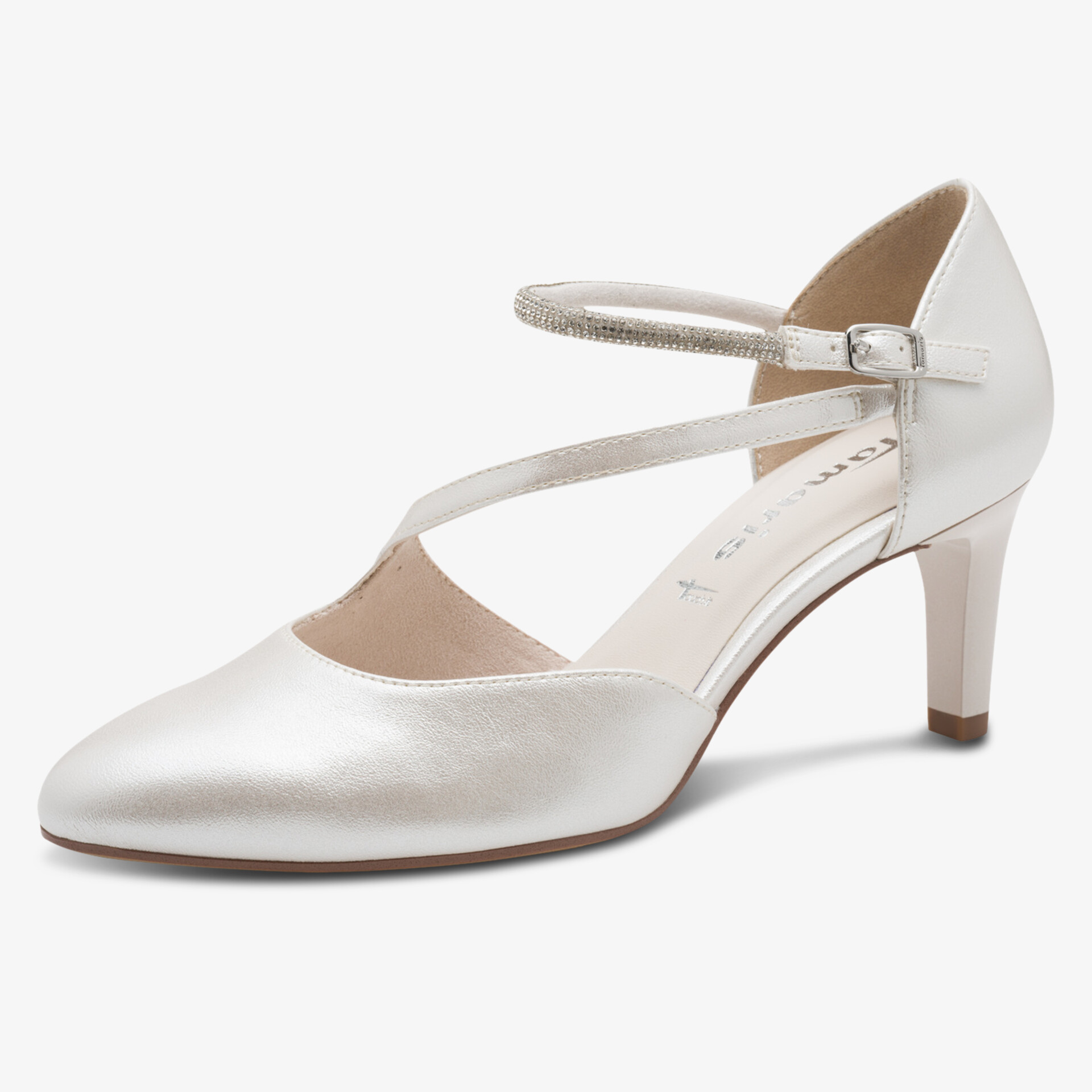 Eleganter spitz zulaufender Schuh mit verstellbarem Riemen und niedrigem Absatz aus hochwertigem Material