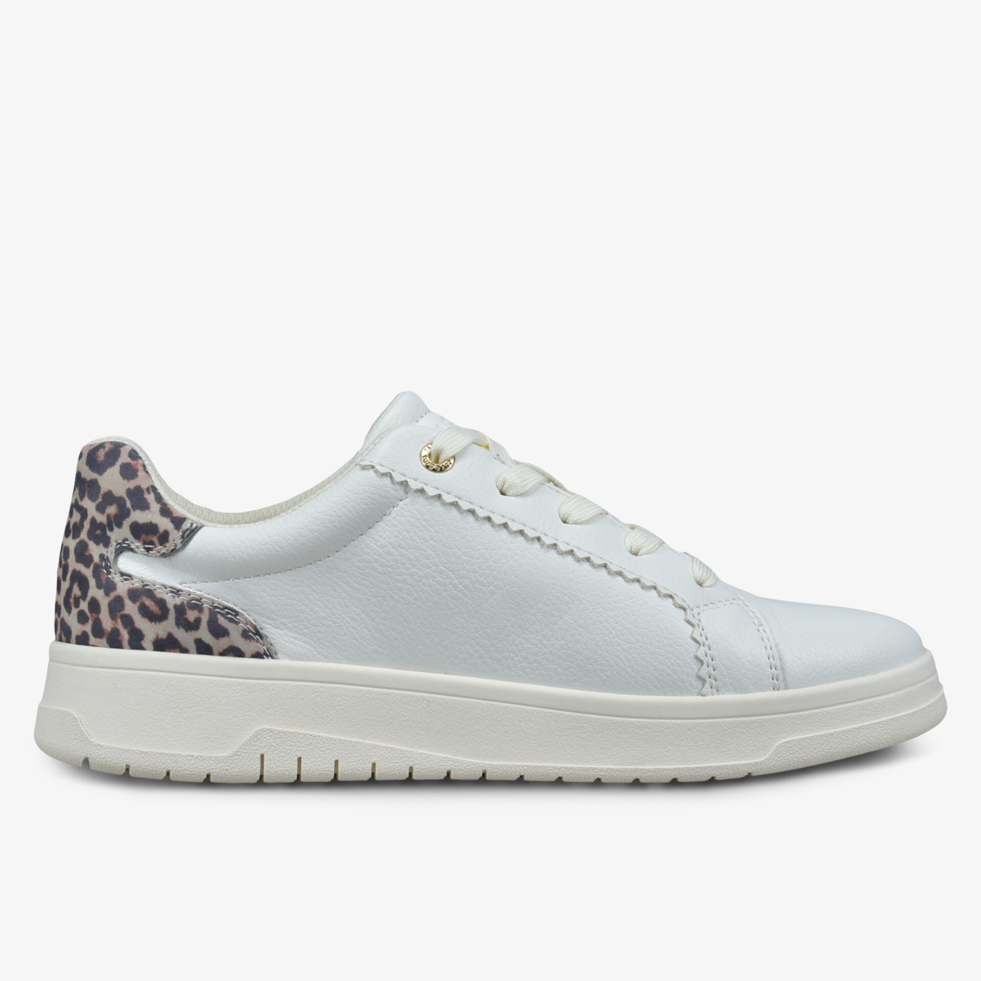 Weißer Sneaker mit auffälligem Leopardenmuster und gepolsterter Sohle seitlich gezeigt