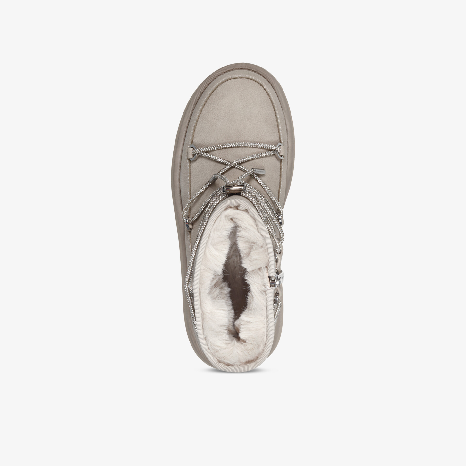 Beiger Winterstiefel mit warmem Fellfutter, robuste Schnürung und bequemer Passform von oben sichtbar