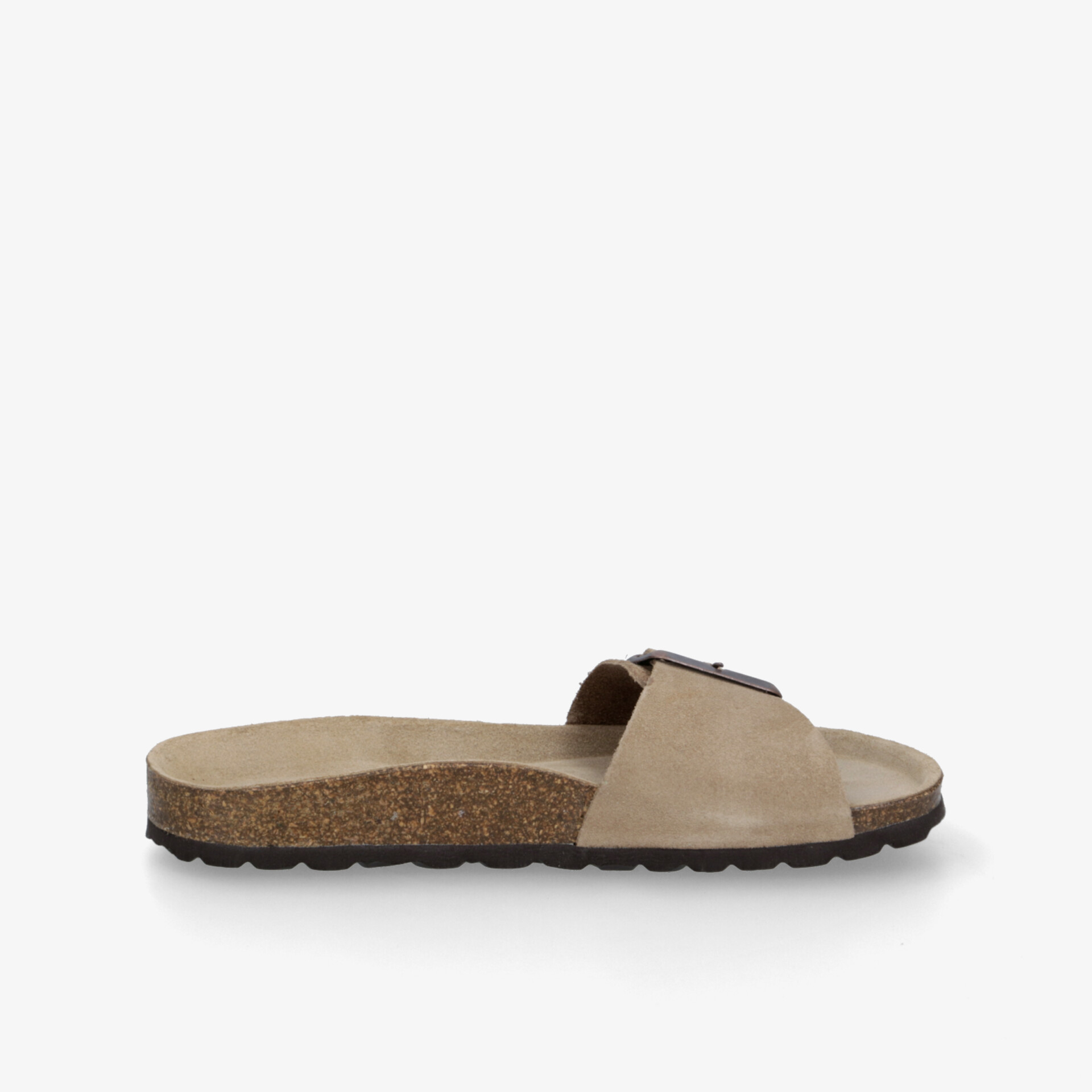 Seitenansicht einer beigen Sandale mit ergonomischem Fußbett und verstellbarem Riemen für hohen Tragekomfort.