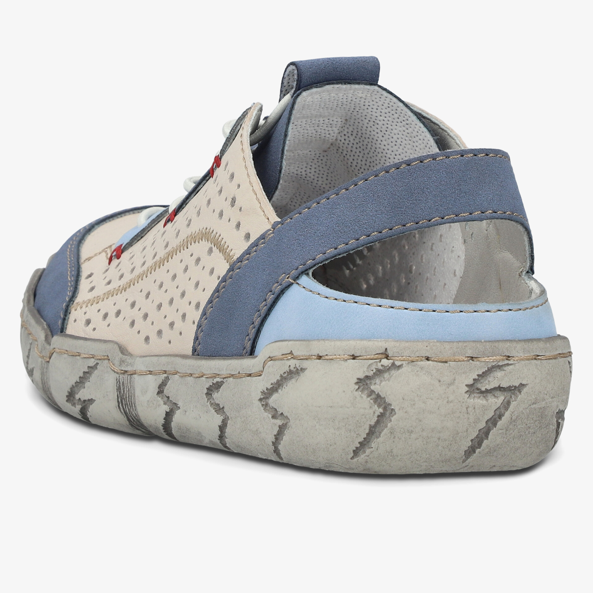 Schuh mit robuster grauer Sohle und atmungsaktivem Obermaterial, seitliche Ansicht, detailreiche Nahtführung