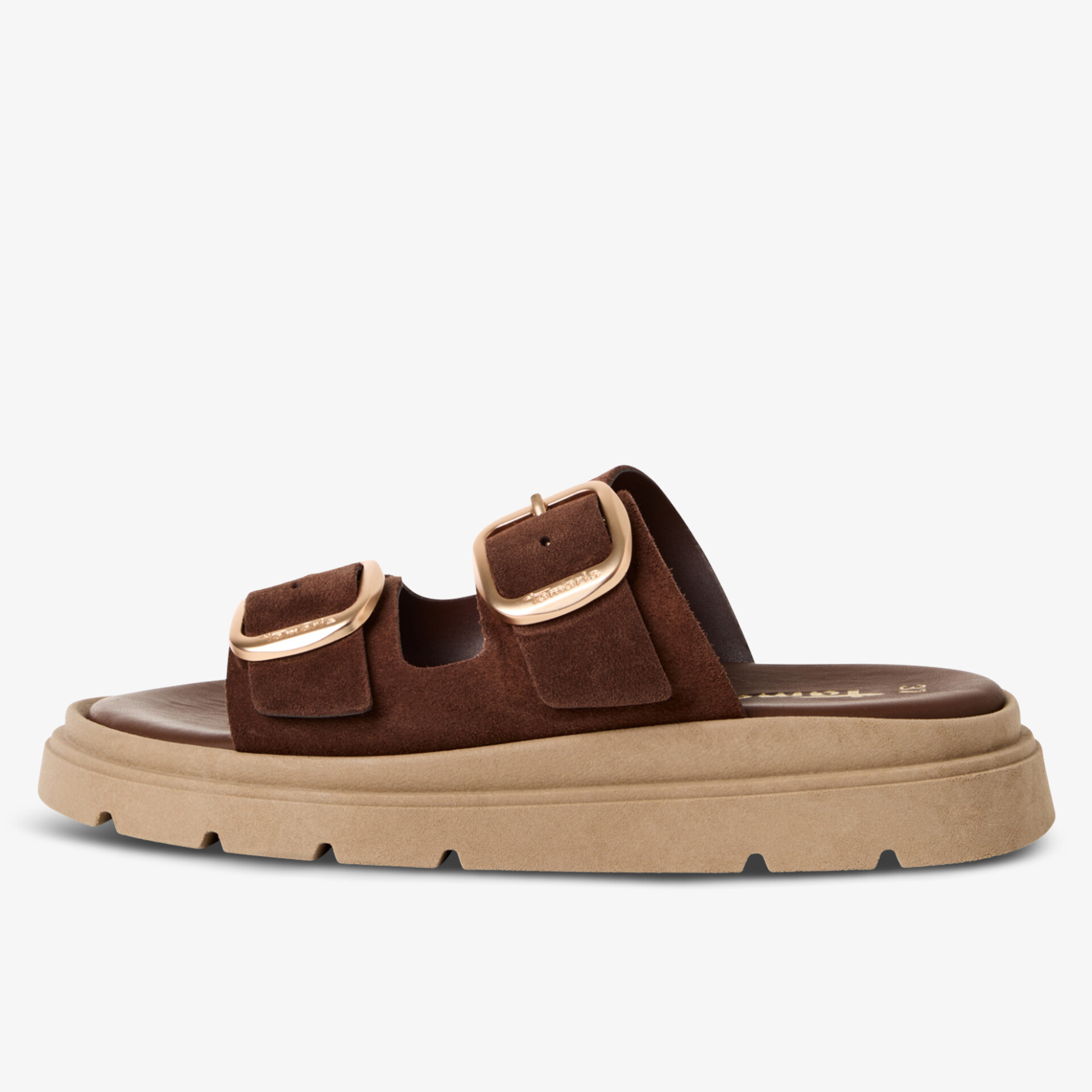 Seitliche Ansicht einer braunen Sandale mit bequemen, verstellbaren Riemen und profilierter Sohle