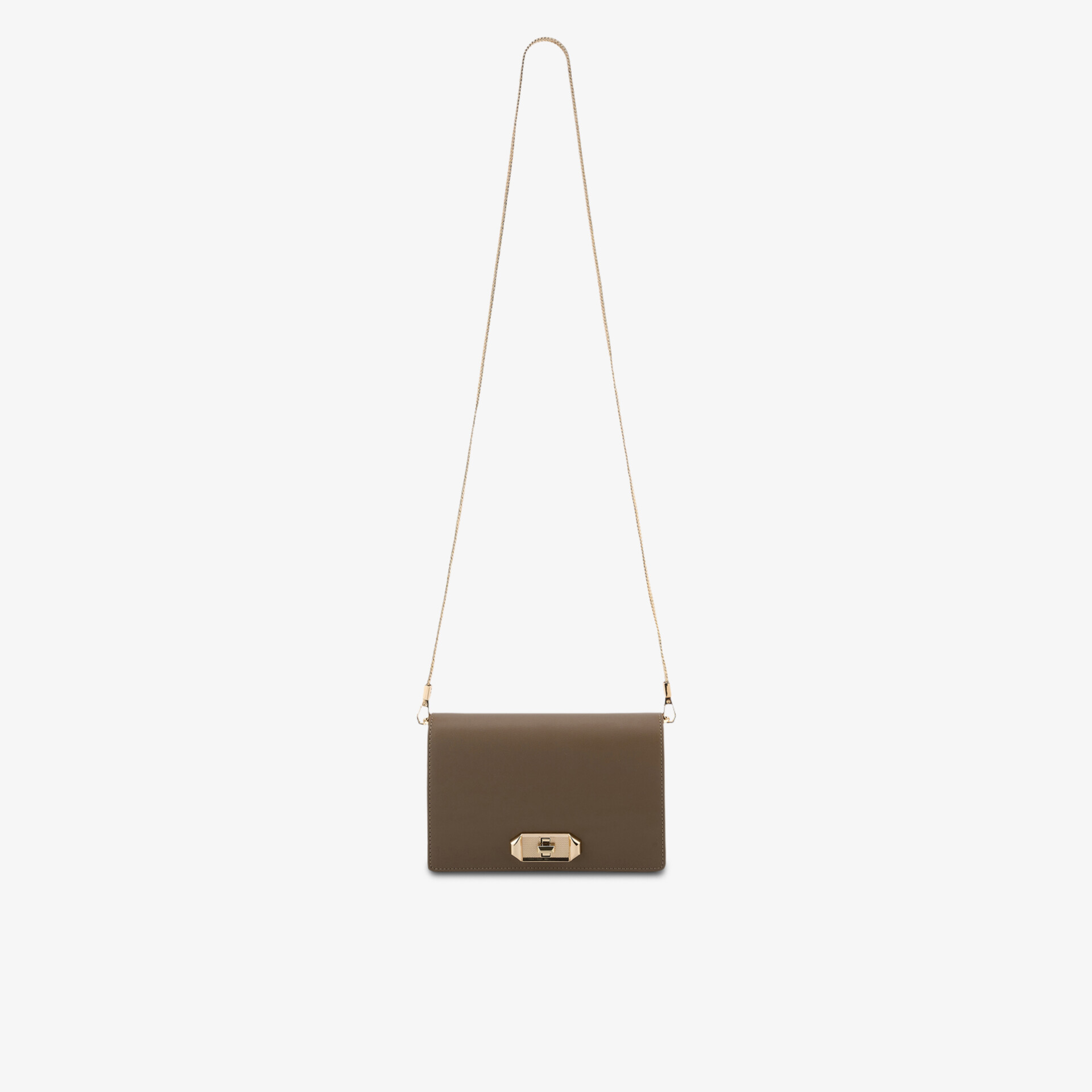 Kompakte braune Umhängetasche mit elegantem Verschluss und längenverstellbarem Gurt, minimalistisches Design