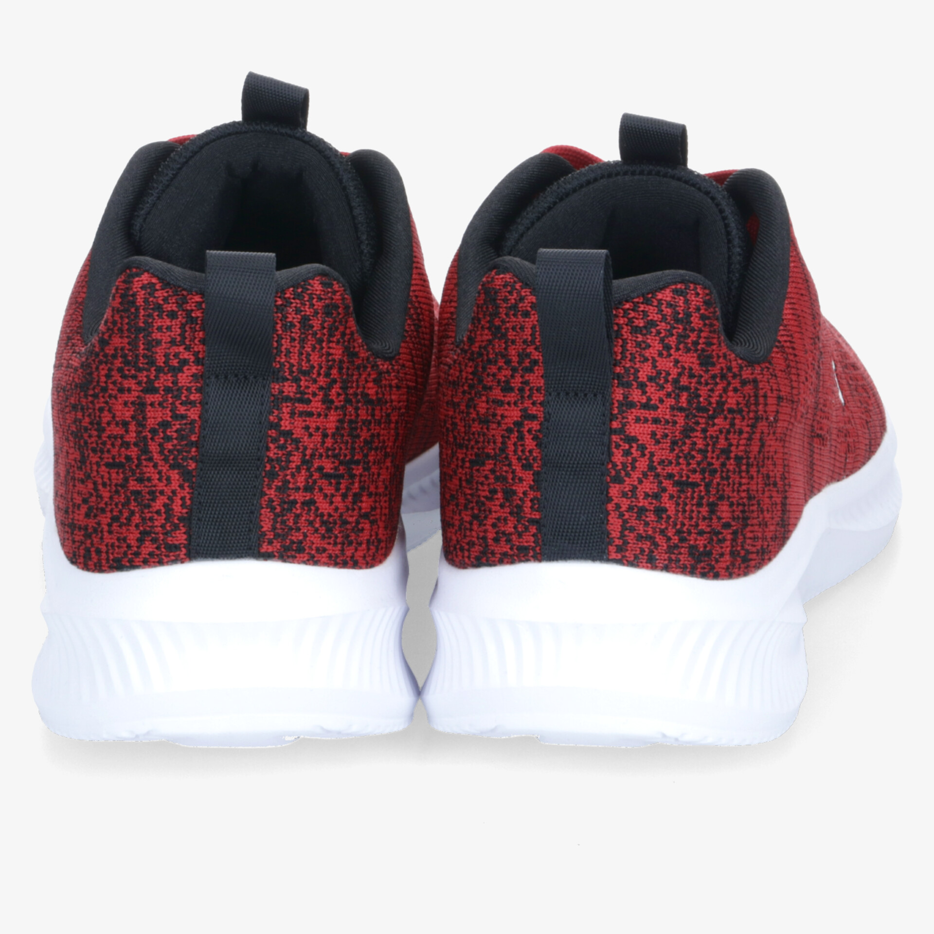 Rote sportliche Turnschuhe mit gepolstertem Fersenbereich und rutschfester weißer Sohle, Rückansicht