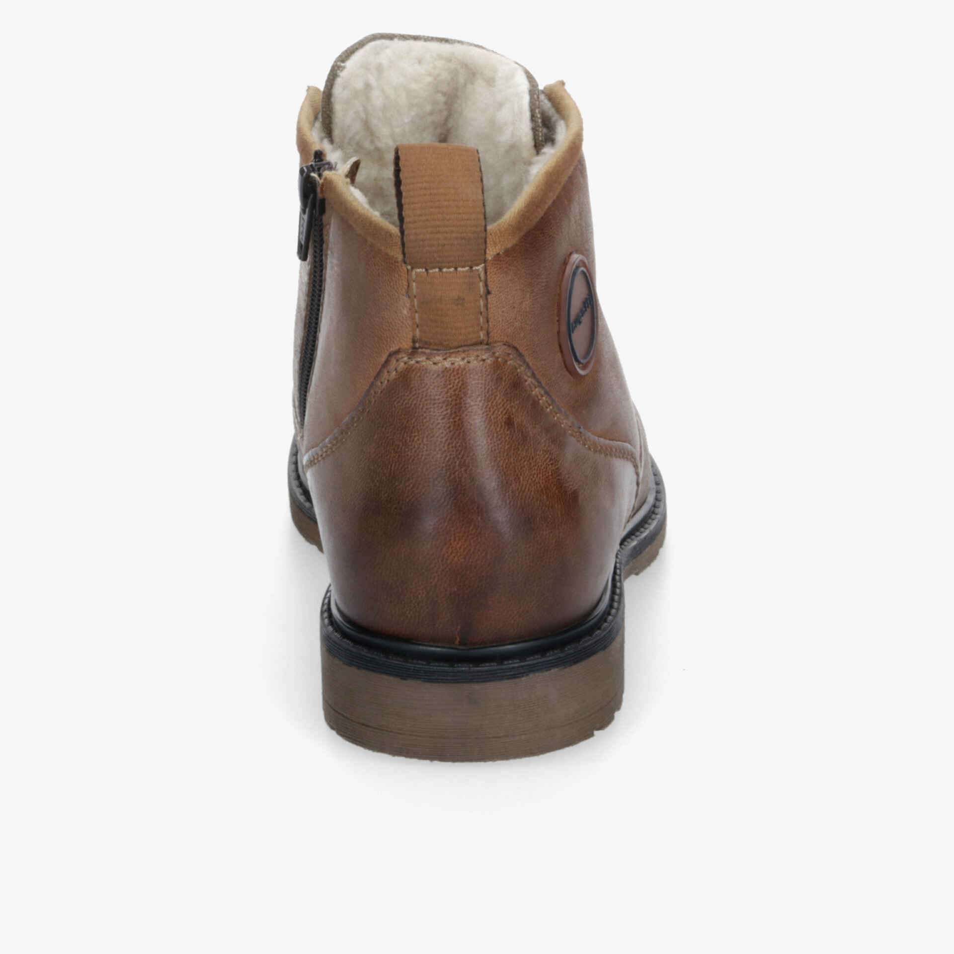 Rückansicht eines braunen Lederstiefels mit Reißverschluss und robustem Absatz, elegant und komfortabel