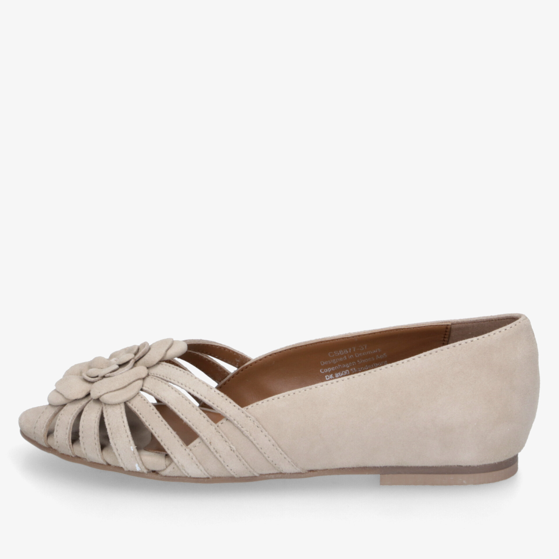 Beiger offener Slipper mit Blumendetail, flachem Absatz und leichter, bequemer Passform im seitlichen Blickwinkel