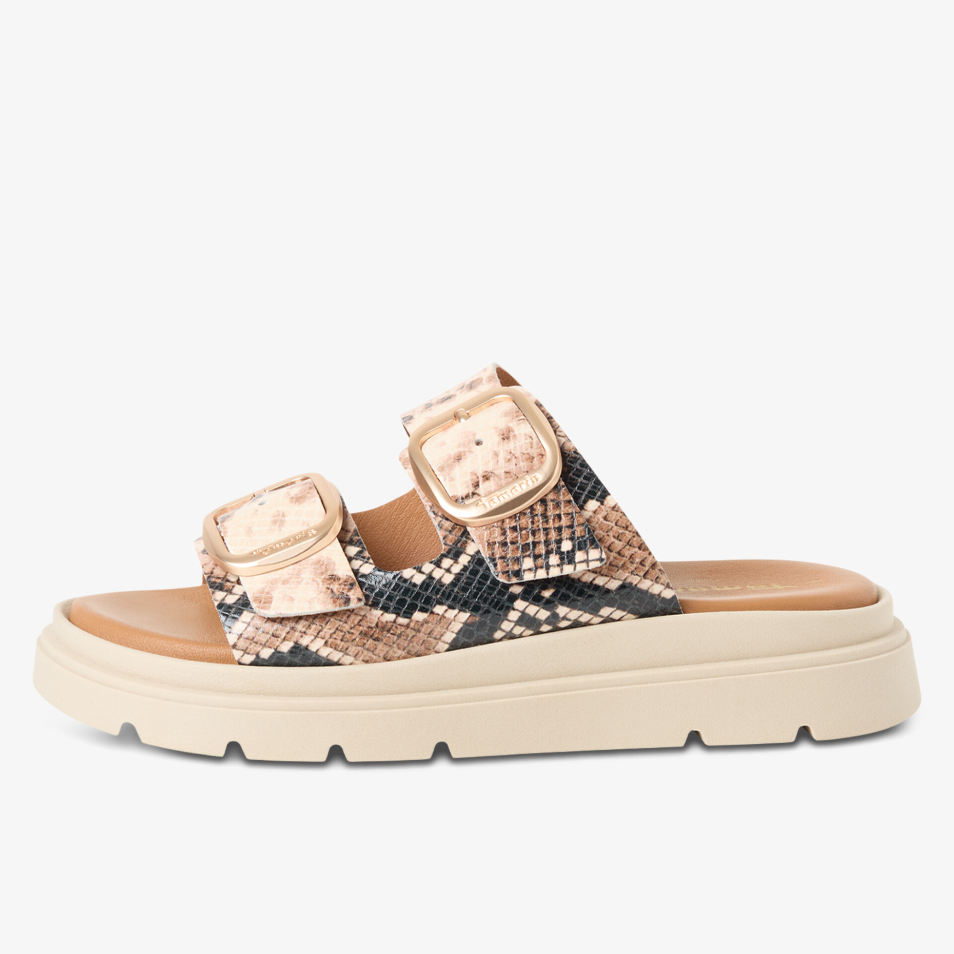 Modische Sandalen mit Doppelriemen und Schnallen in Schlangenleder-Optik auf bequemer, rutschfester Sohle.