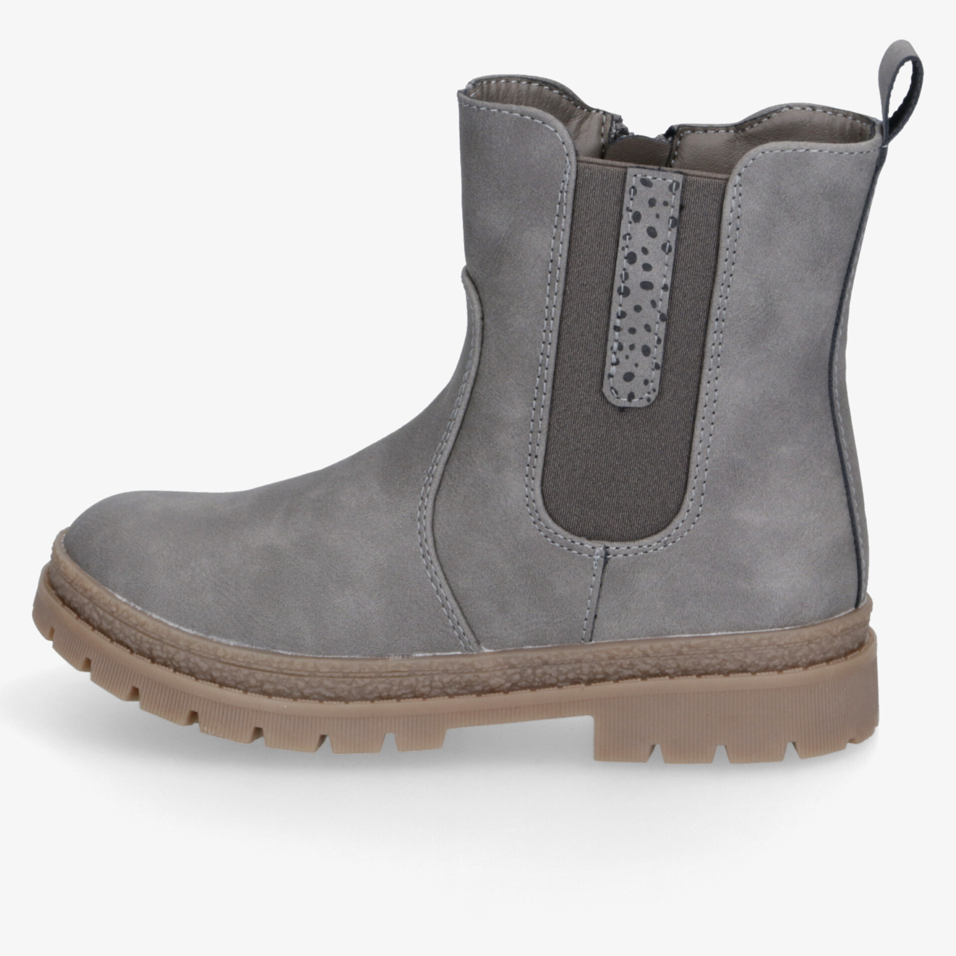 Grauer robuster Stiefel mit elastischen Einsätzen und rutschfester Sohle in seitlicher Ansicht