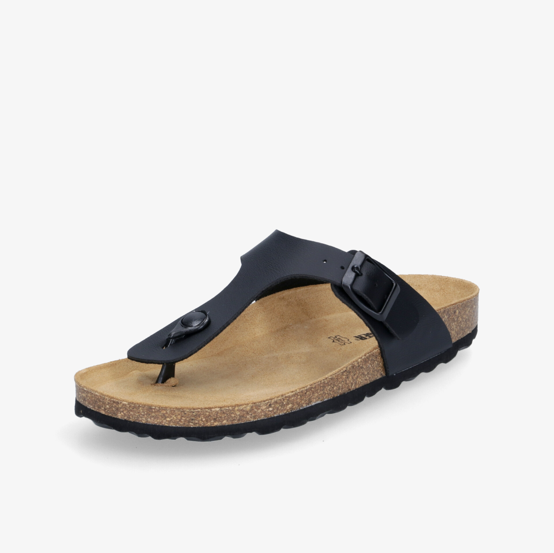 Bequeme schwarze Sandale mit breitem Riemen und verstellbarer Schnalle. Perfekt für Freizeit und Alltag.