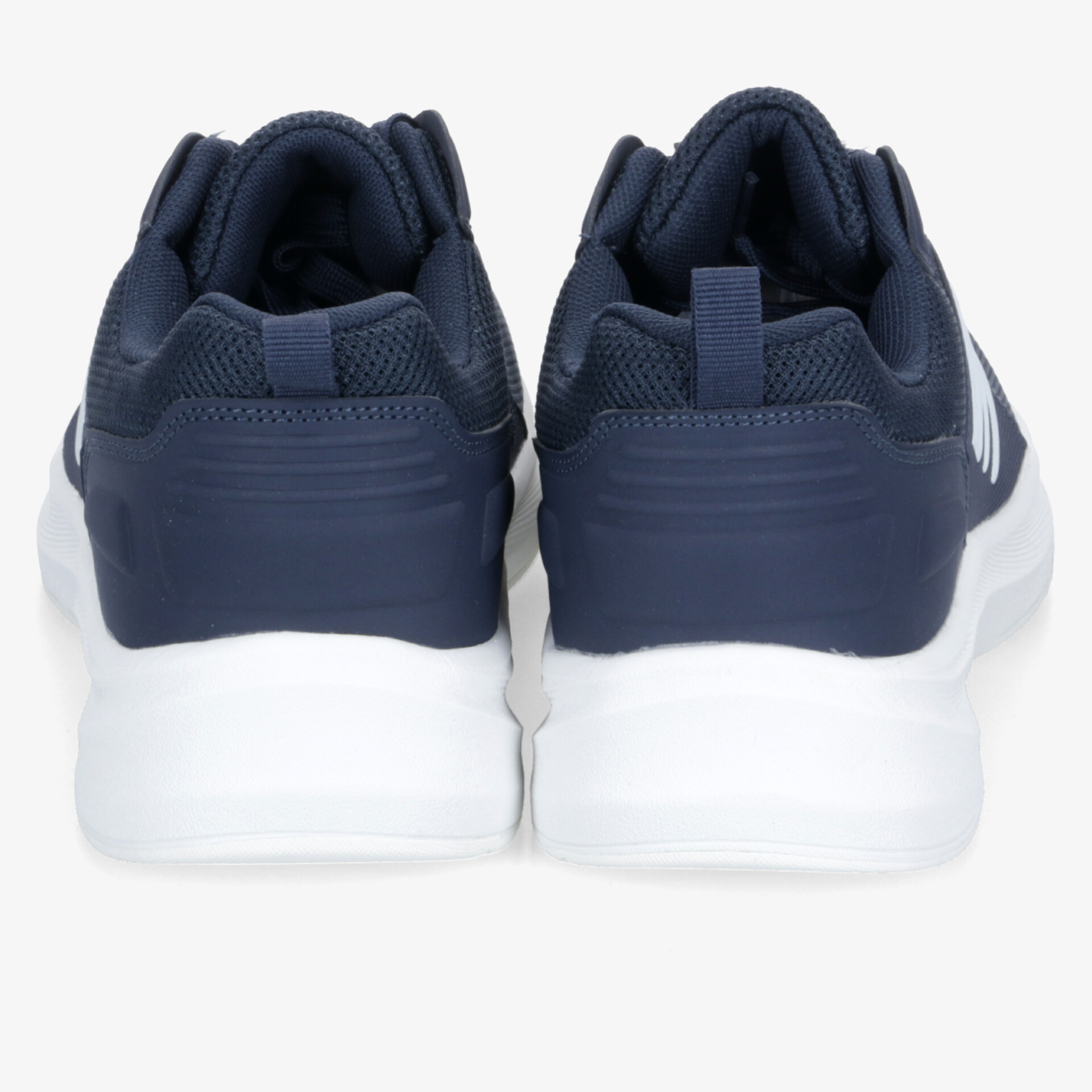 Dunkelblaue Sportschuhe mit weißer rutschfester Sohle, komfortabel und leicht, Rückansicht