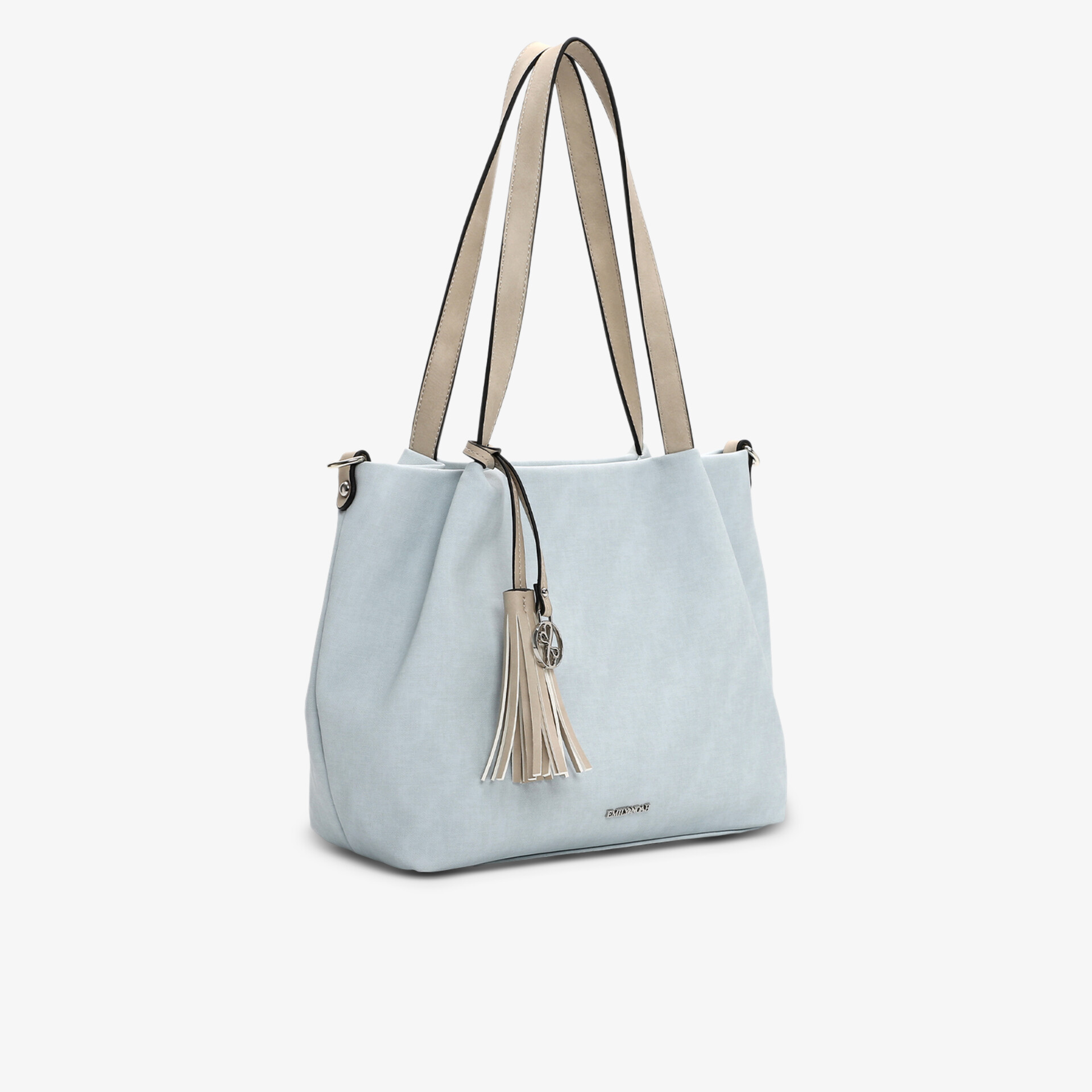 Elegante Tasche mit zweifarbigen Trägern und Fransenanhänger in Lederoptik.