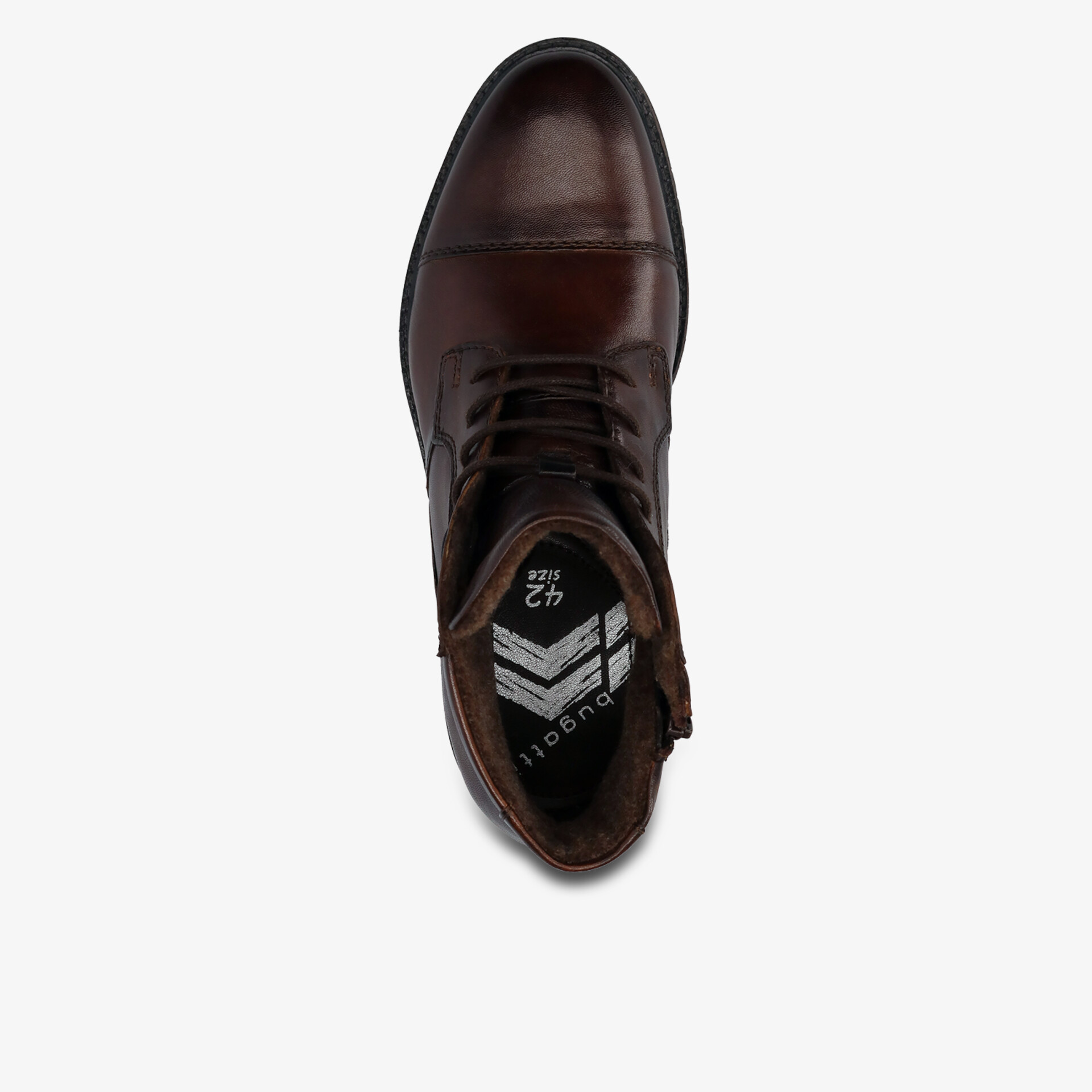 Eleganter brauner Lederschuh mit hochwertiger Schnürung, polierter Oberfläche und klassischem Design in Draufsicht