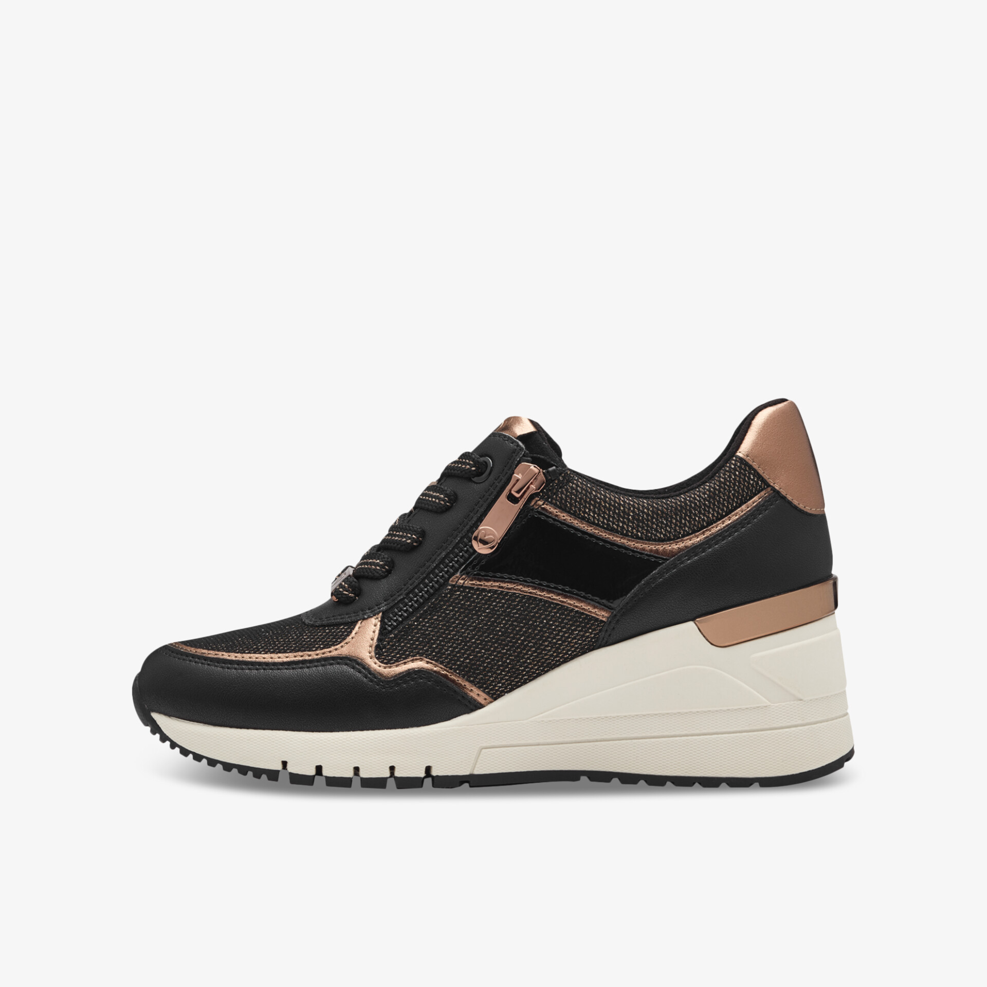 Moderner schwarzer Wedgesneaker mit seitlichem Reißverschluss und rutschfester Sohle für hohen Tragekomfort