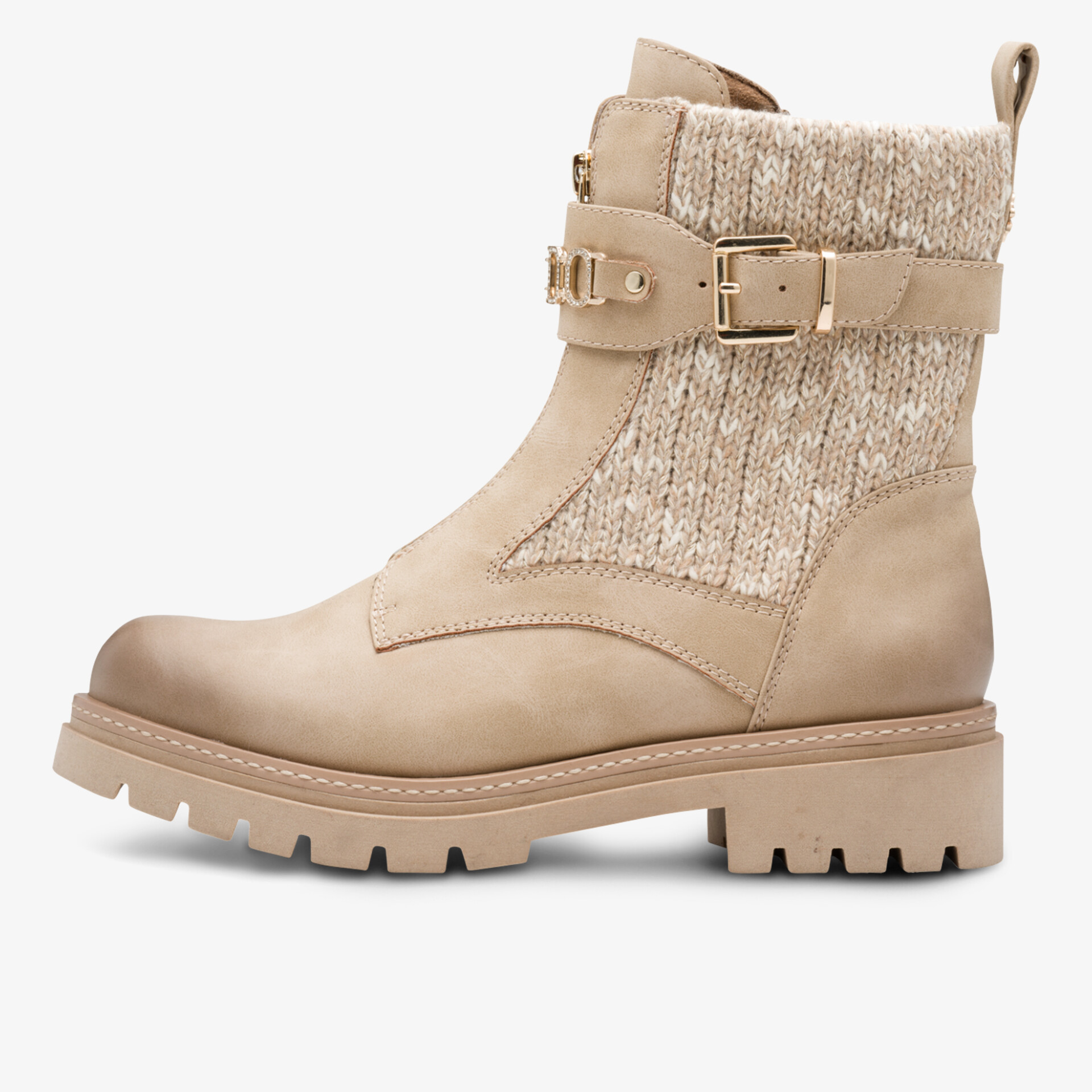 Robuste Stiefel mit bequemem Strickeinsatz, verstellbarer Schnalle und rutschfester Profilsohle, seitliche Ansicht